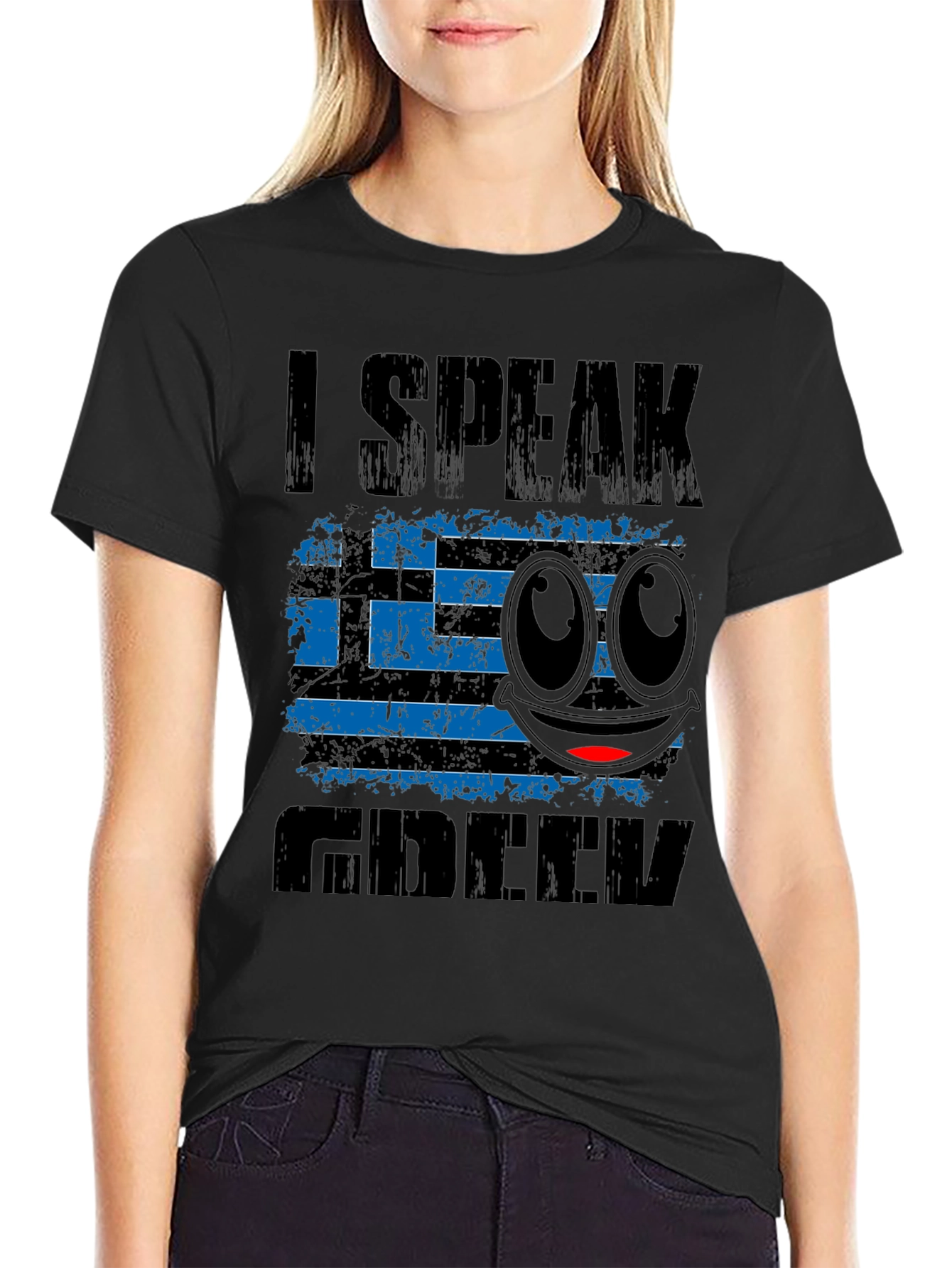 Black I Speak Greek T-Shirt Funny Emoji Greece Flag view 2