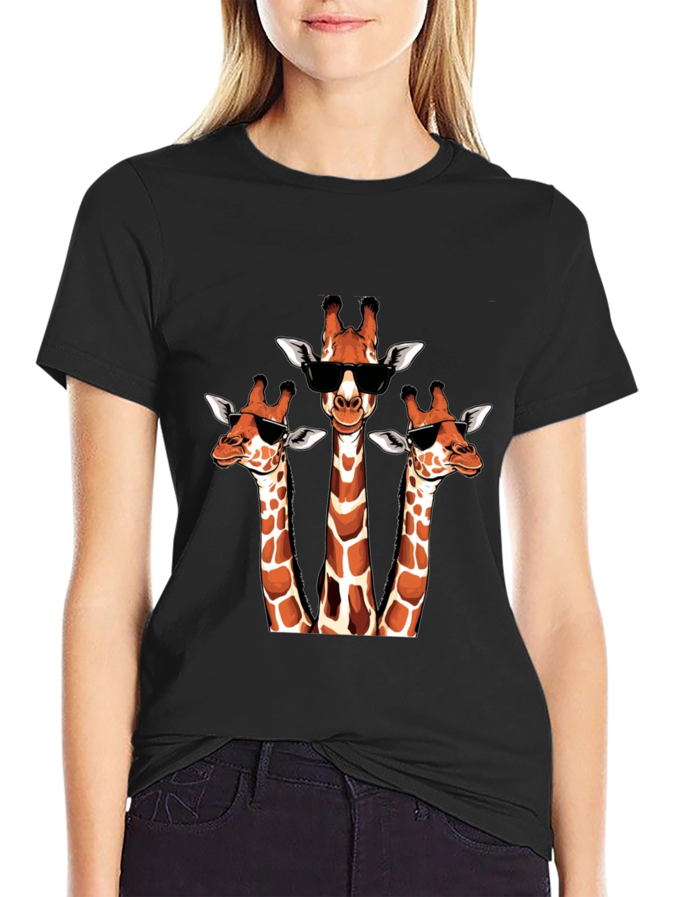 Black Cool Giraffe Trio T-Shirt - Unique Design view 2