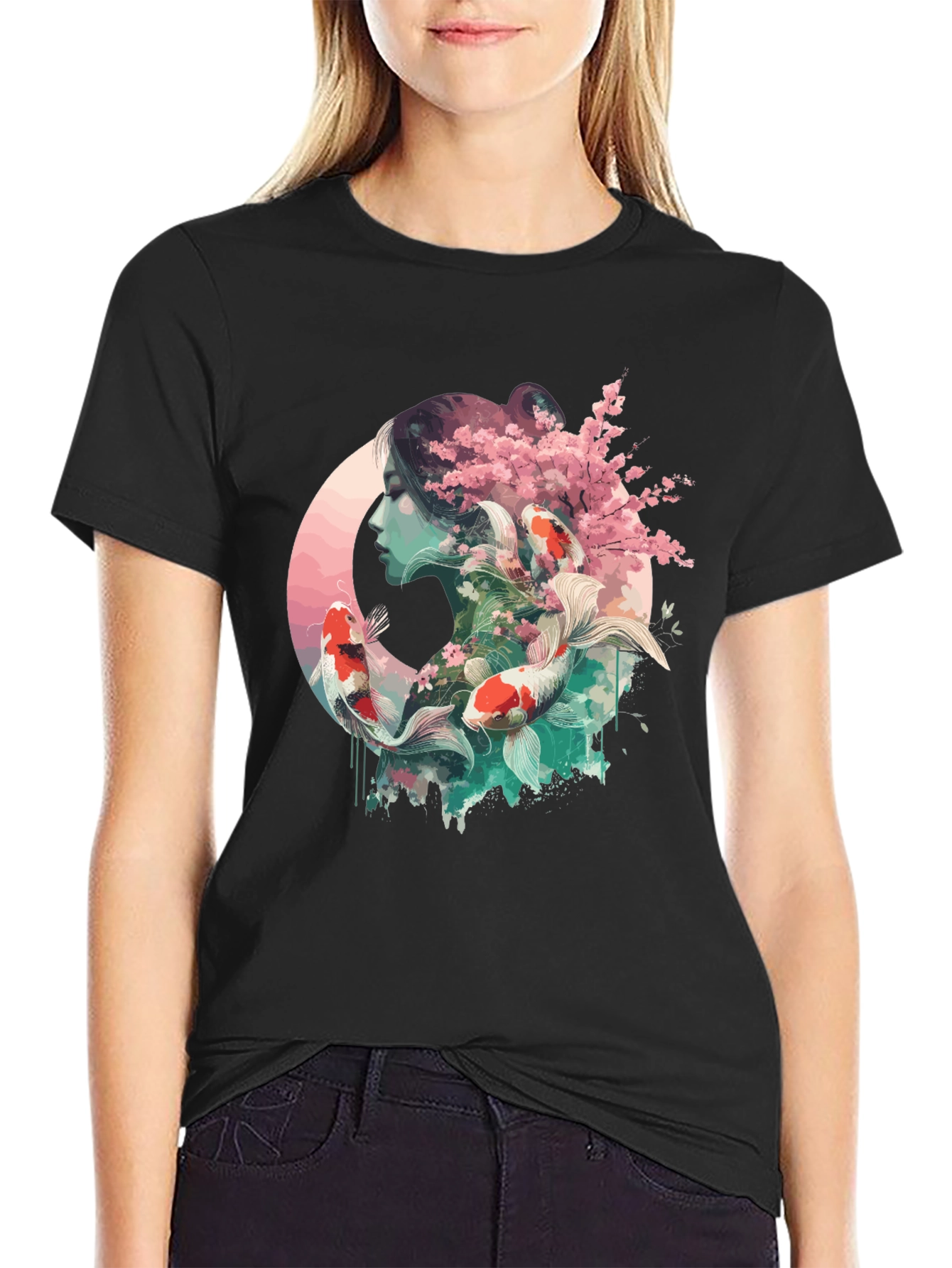 Black Koi Fish & Cherry Blossom Graphic Tee view 2