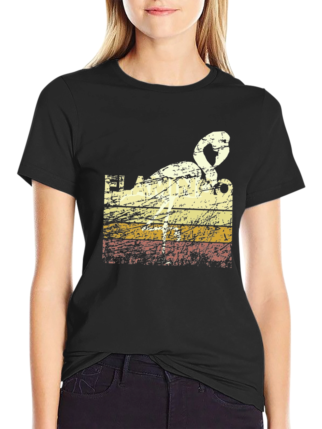 Black Retro Flamingo T-Shirt - Black Crew Neck view 2