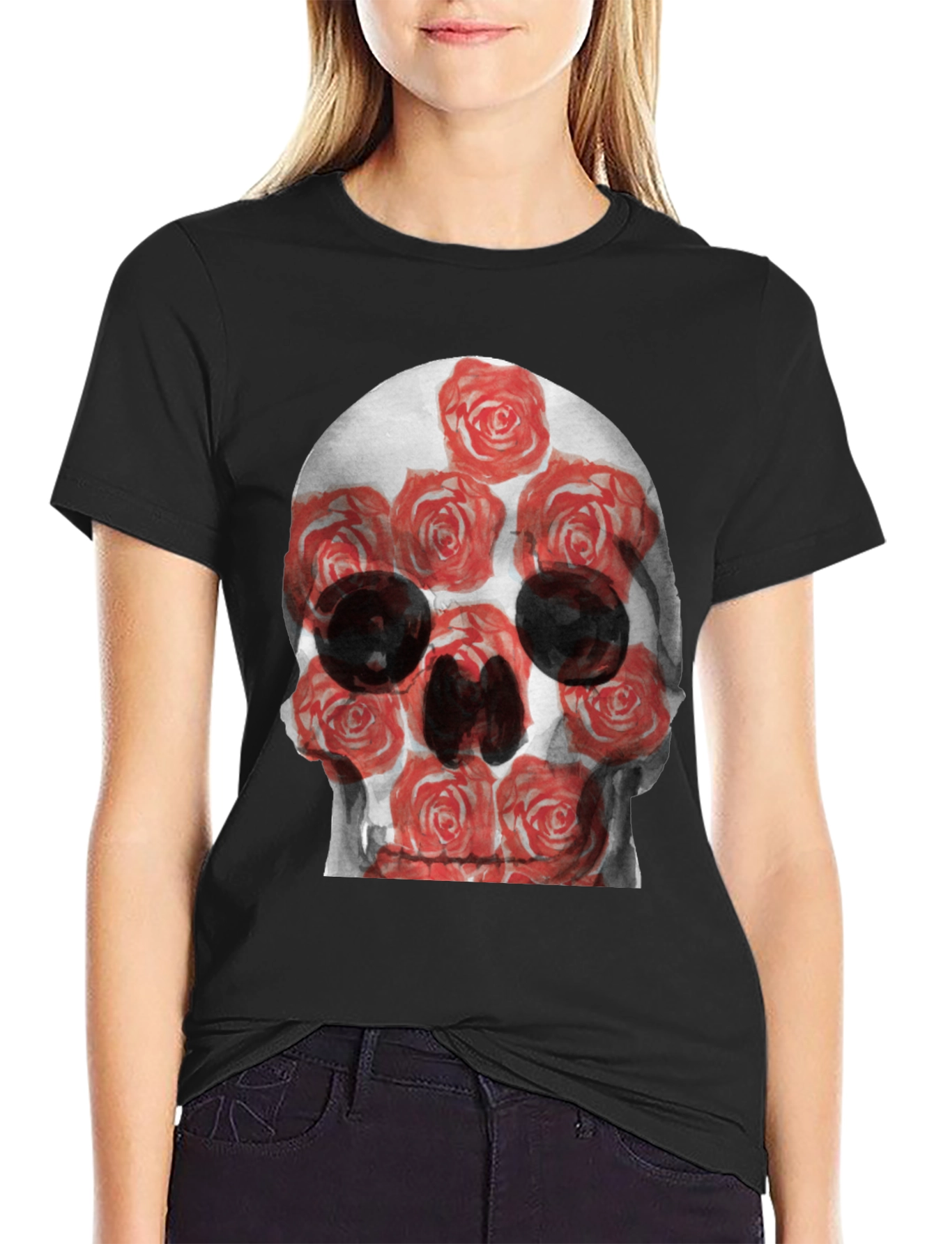 Black Skull and Roses Graphic Tee - Edgy Style view 2
