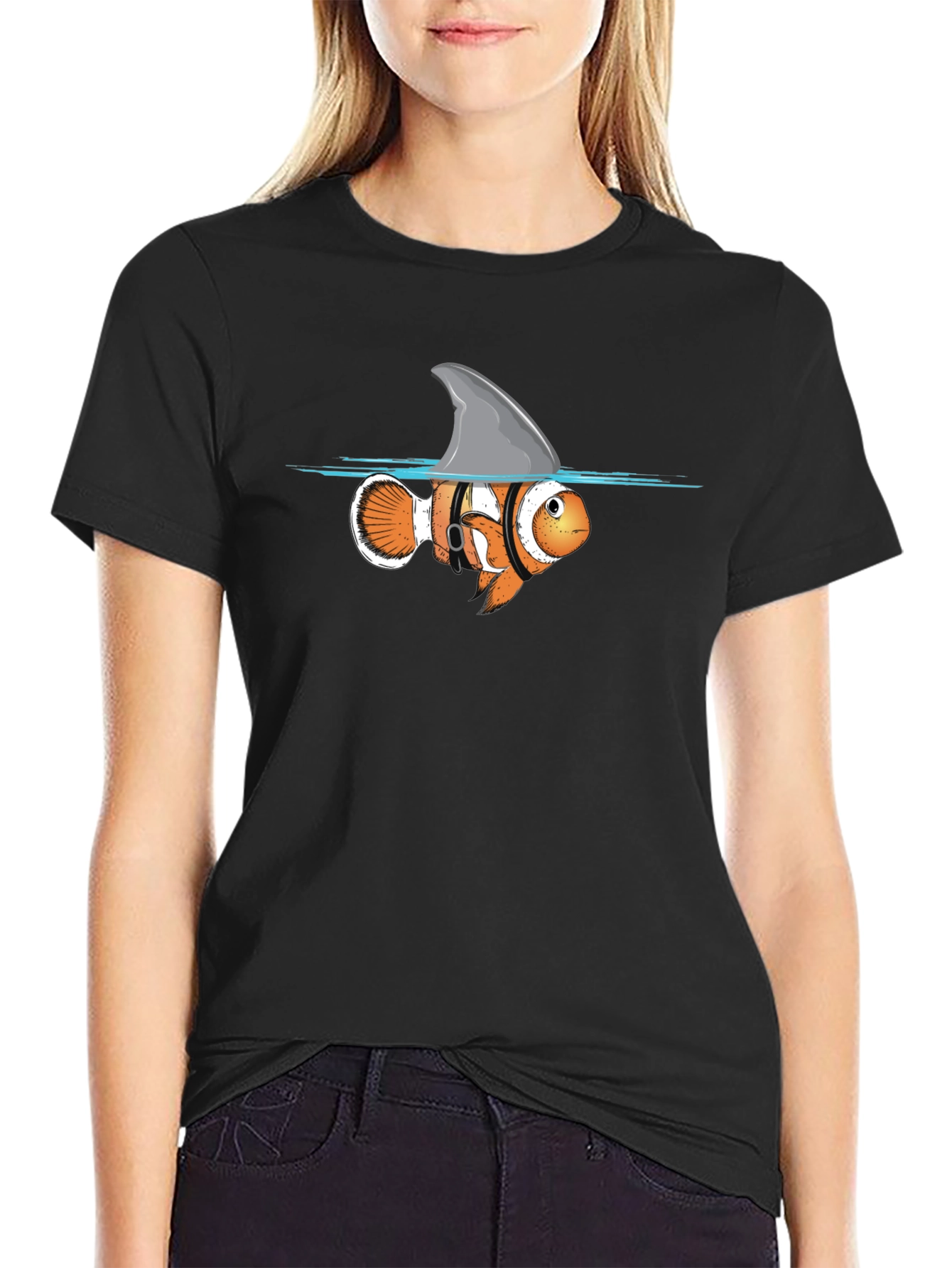 Black Funny Clownfish Shark Fin Graphic T-Shirt view 2