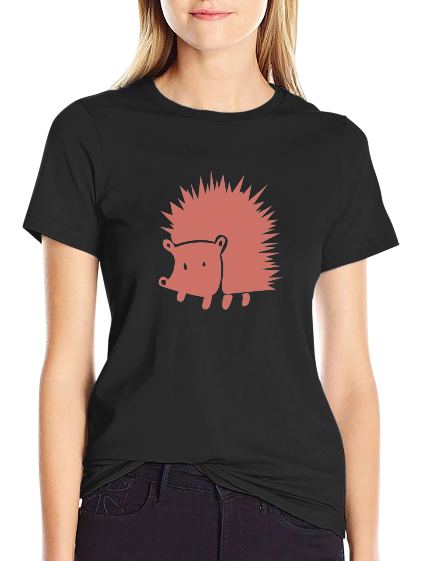 Black Cute Hedgehog Graphic Tee - Black Cotton Blend Shirt view 2