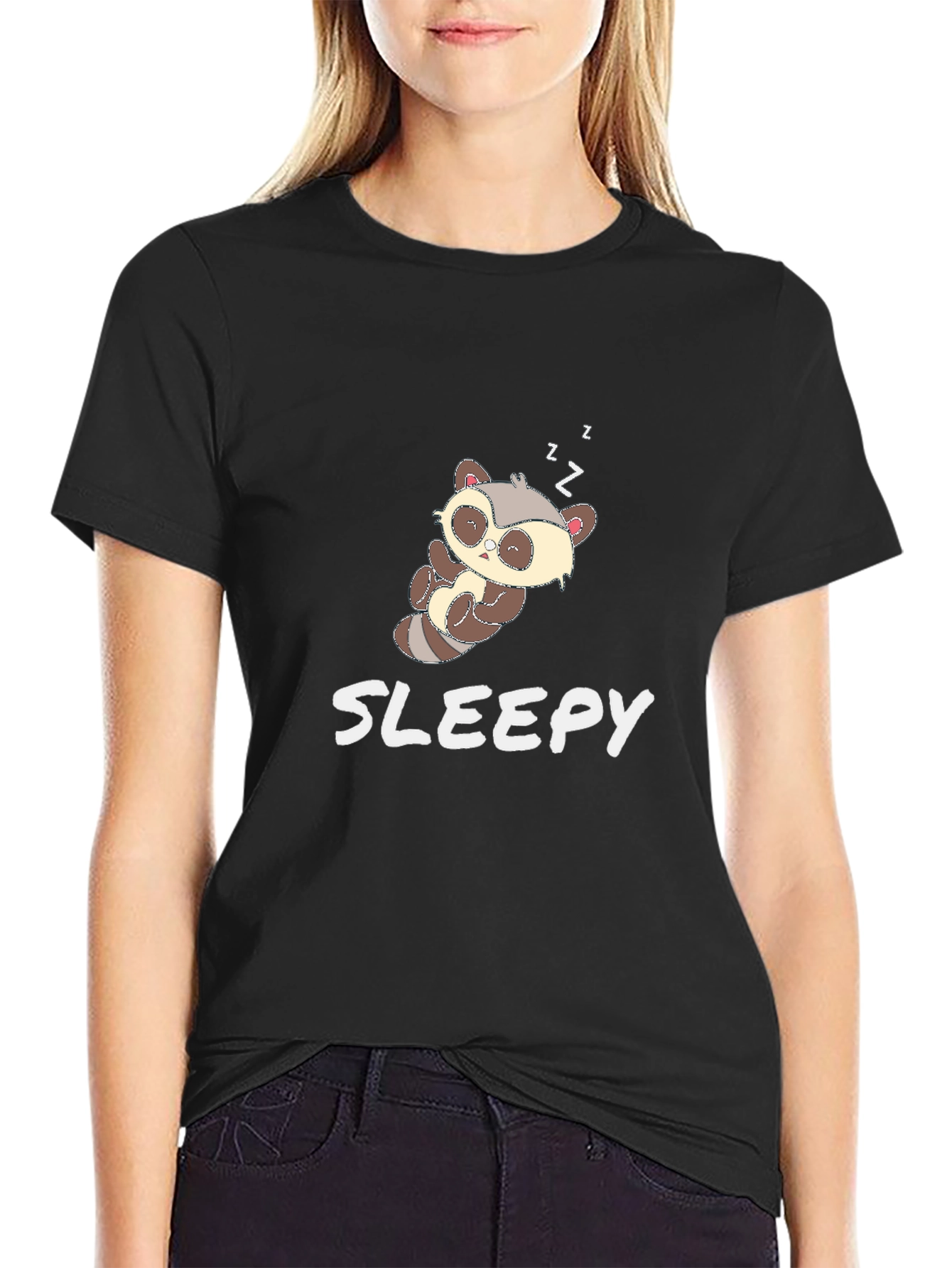 Black Cute Sloth 'Sleepy' Black T-Shirt view 2