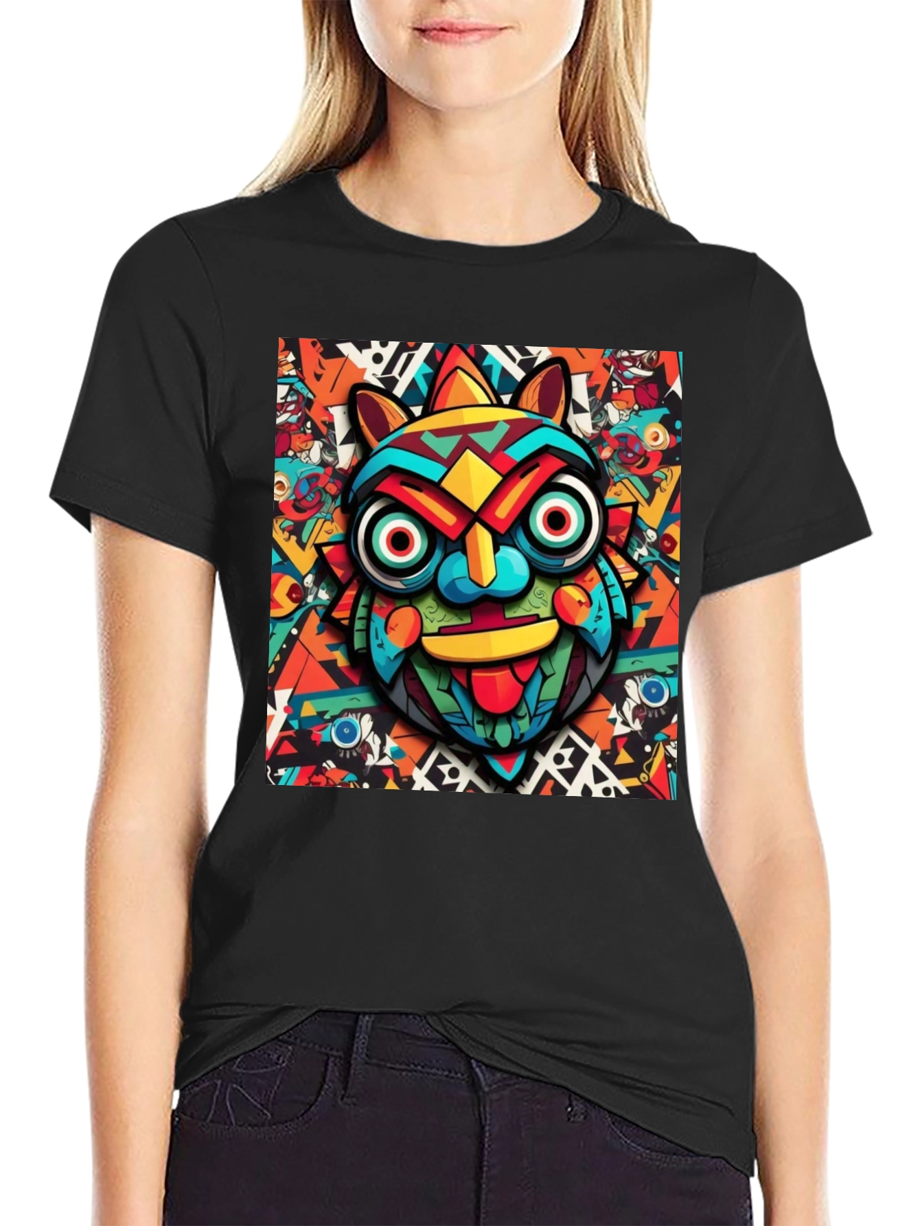 Black Bold Graphic Tee - Colorful Tribal Mask Design view 2