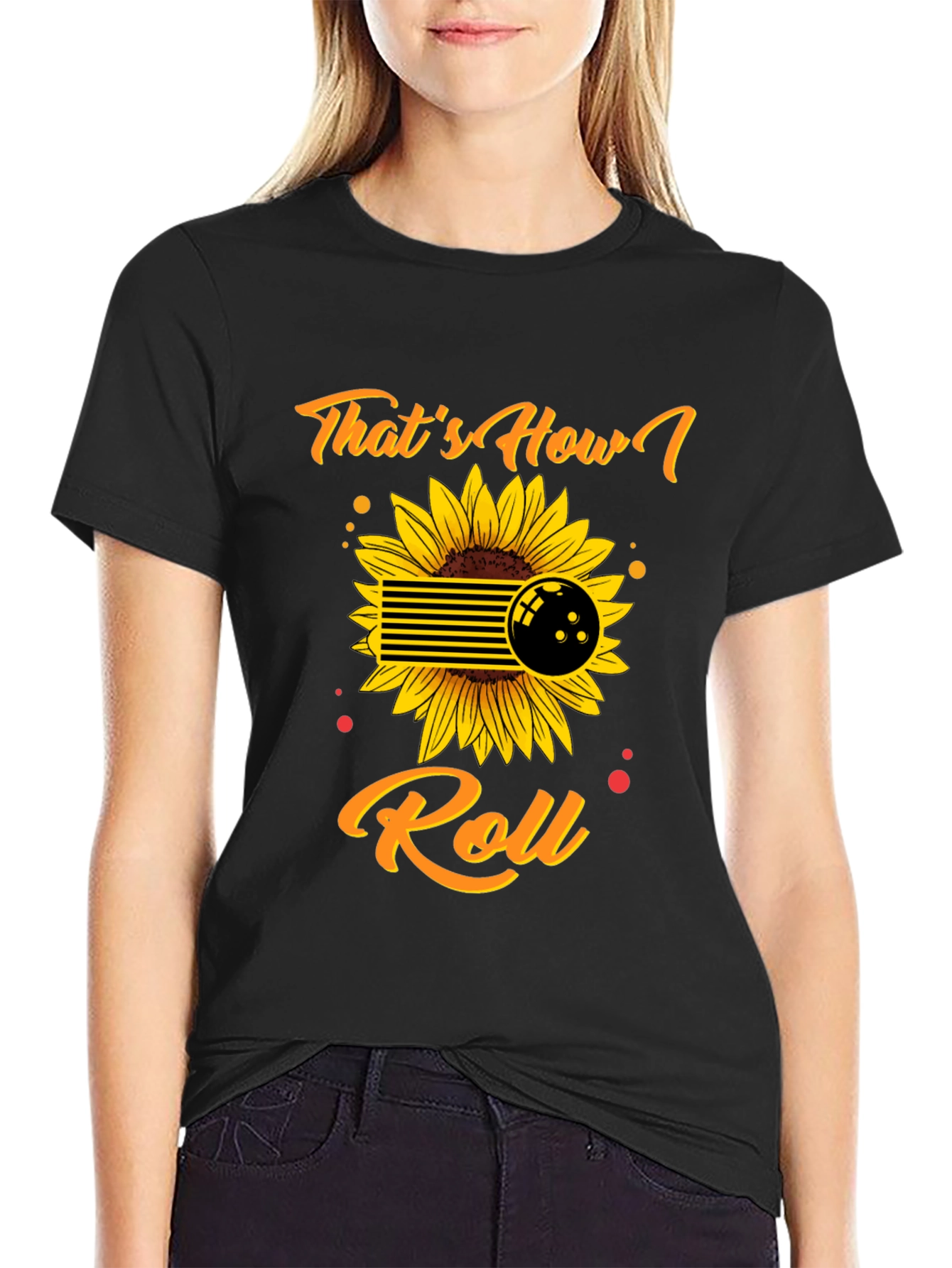 Black That's How I Roll Bowling Sunflower Graphic Tee view 2