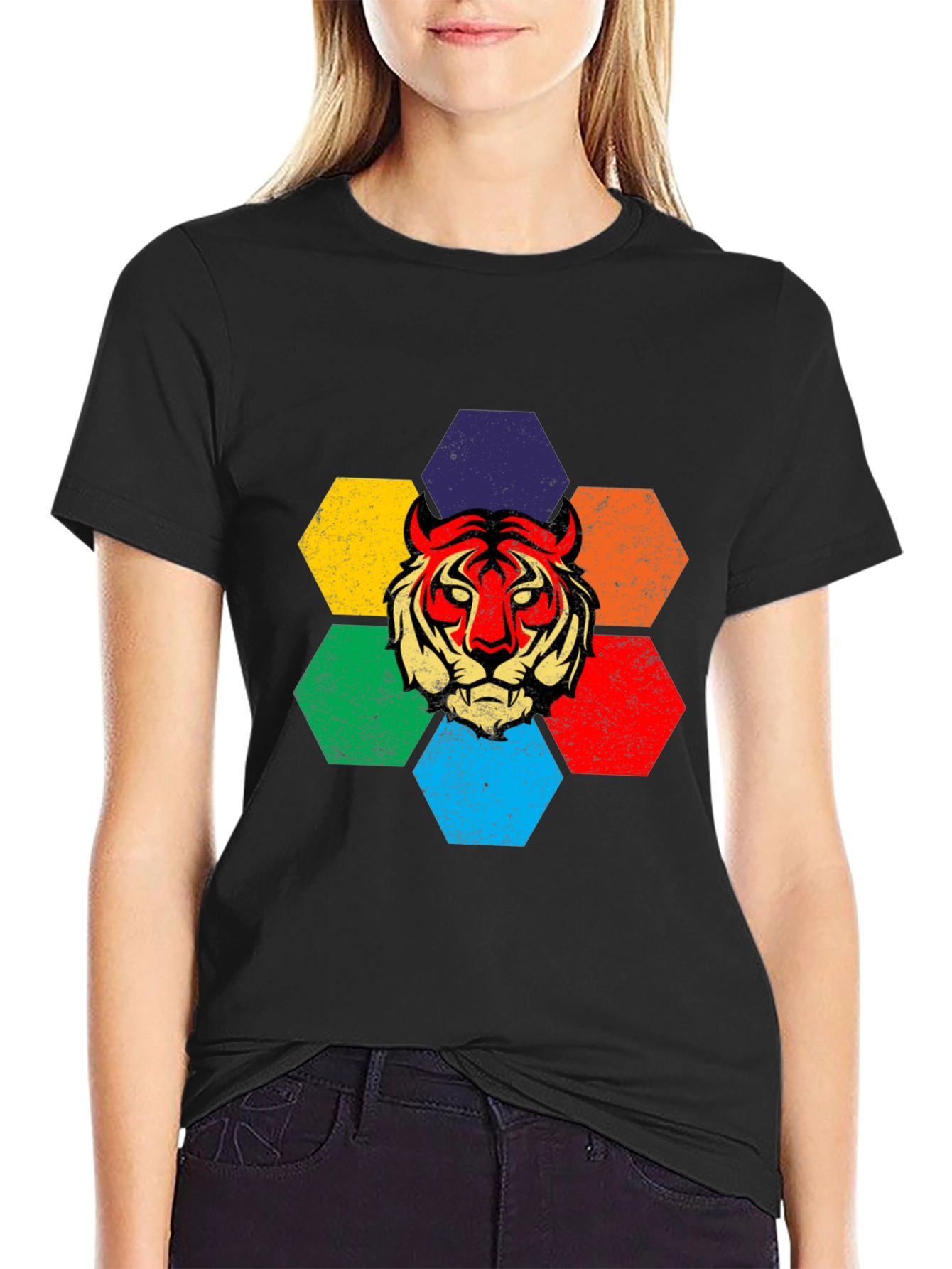 Black Retro Tiger Graphic Tee - Colorful Hexagon Design view 2