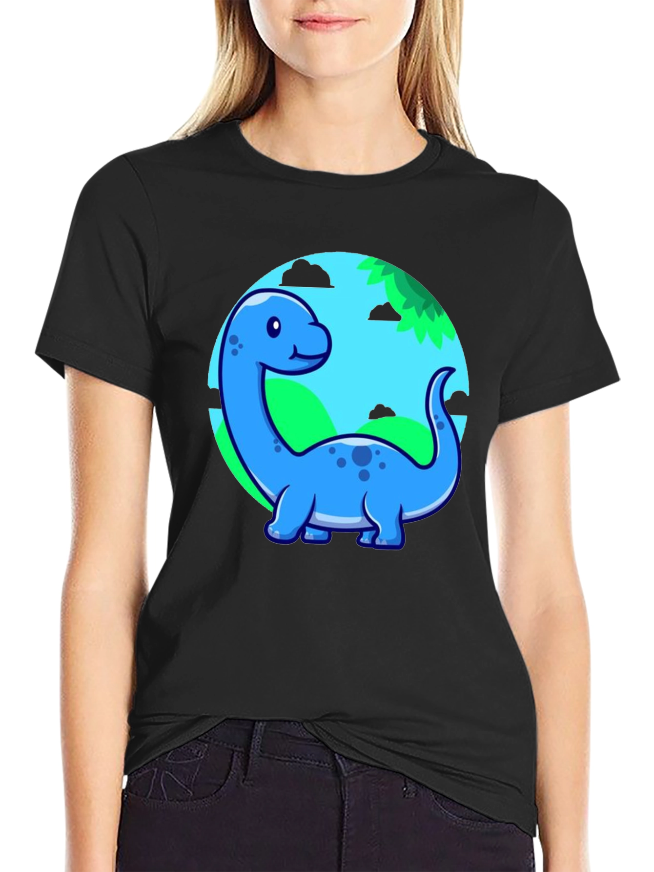 Black Cute Blue Cartoon Dinosaur T-Shirt view 2