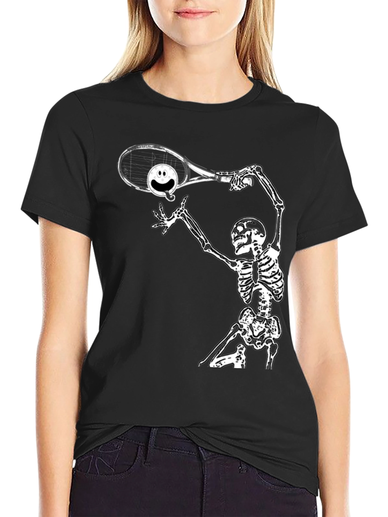 Black Humorous Skeleton Tennis T-Shirt view 2