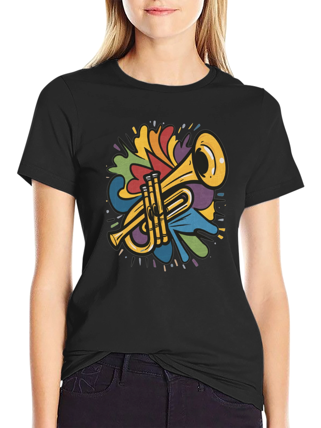 Black Colorful Trumpet Design Black T-Shirt view 2