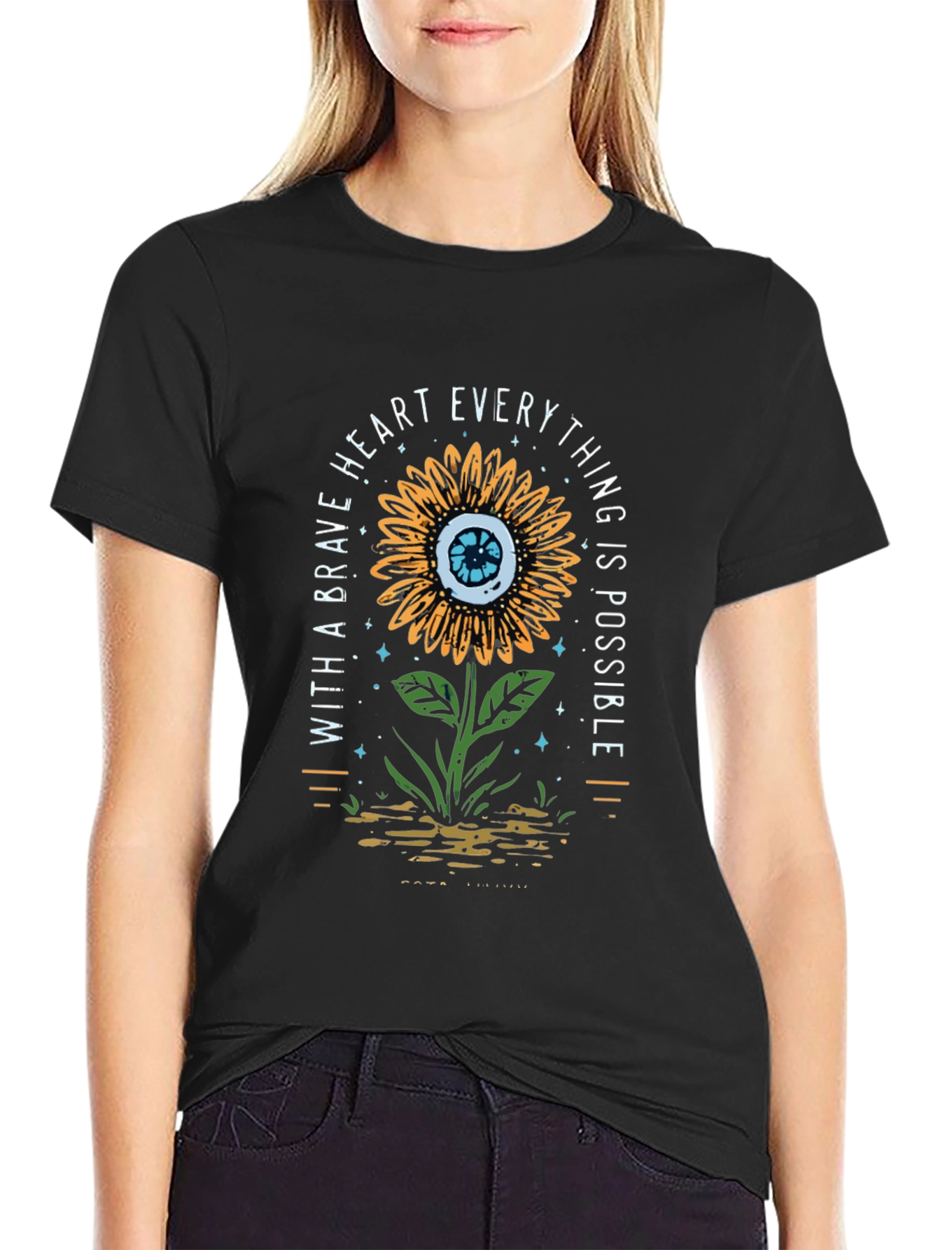Black Brave Heart Sunflower Graphic Print T-Shirt view 2