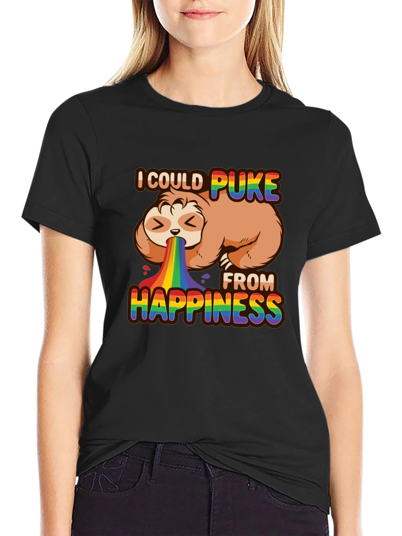 Black Sloth Rainbow Puke Happiness T-Shirt view 2