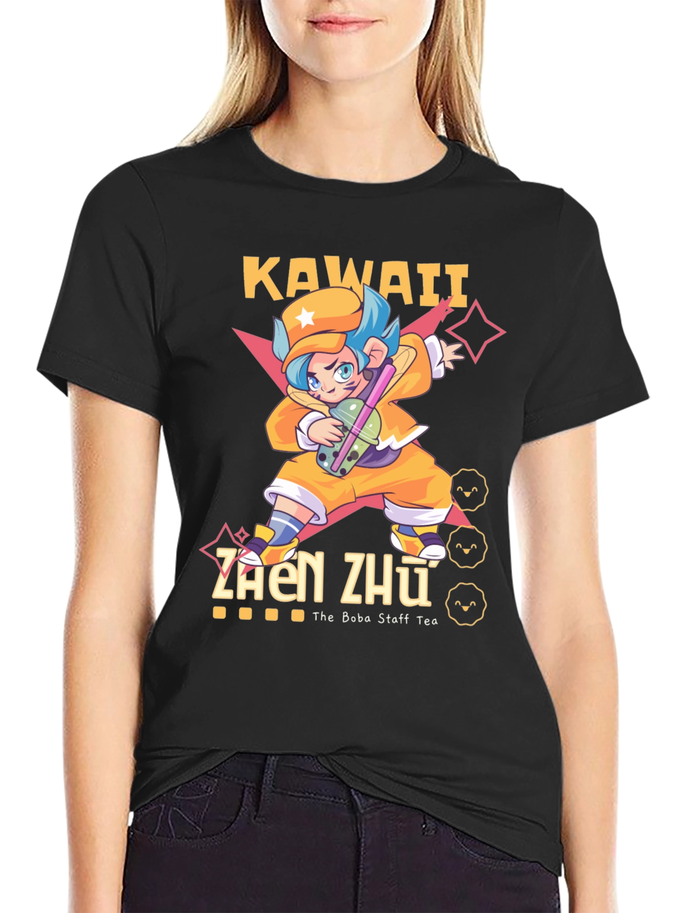 Black Kawaii Zhen Zhu Boba Tea T-Shirt view 2