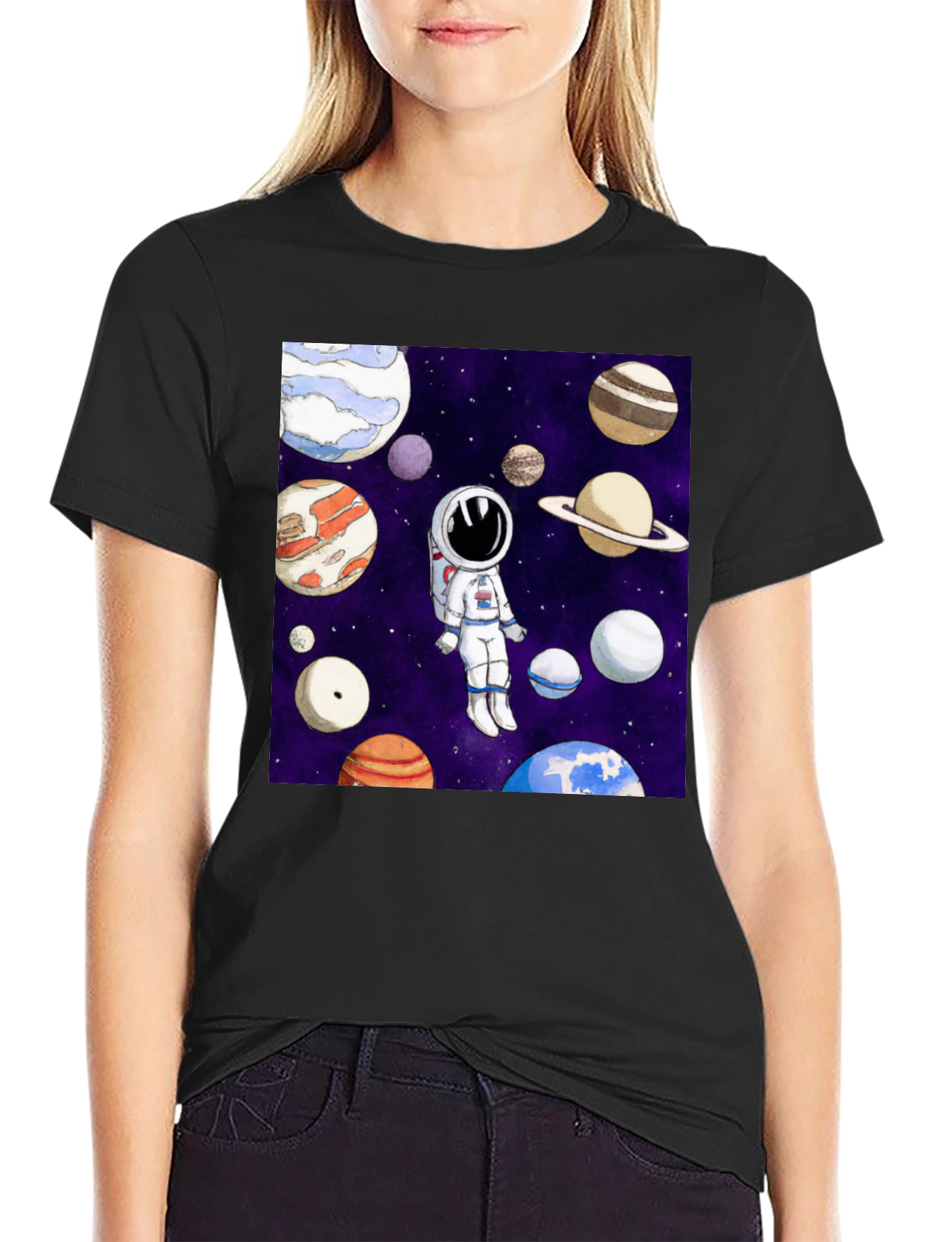 Black Astronaut & Planet Graphic T-Shirt - Space Adventure view 2