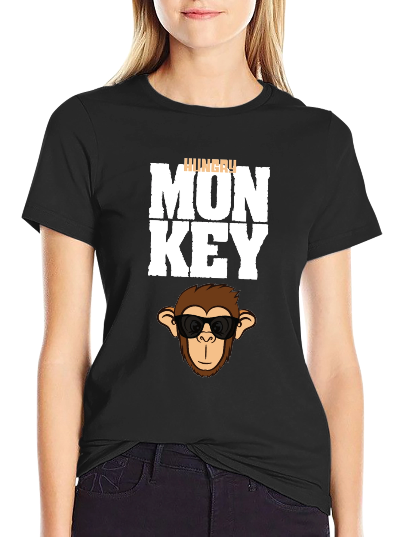 Black Hungry Monkey Graphic T-Shirt - Cool Cartoon Ape Tee view 2