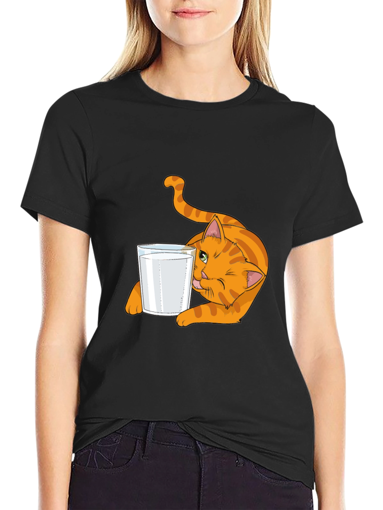 Black Cat & Milk Glass Graphic Tee - Black Cotton T-Shirt view 2