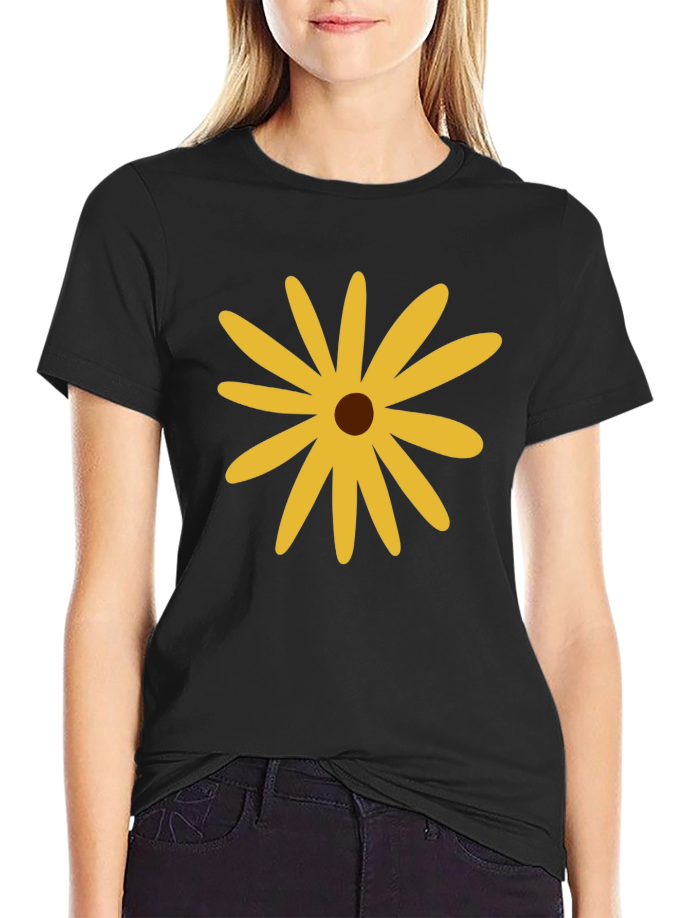 Black Black T-Shirt with Yellow Flower view 2