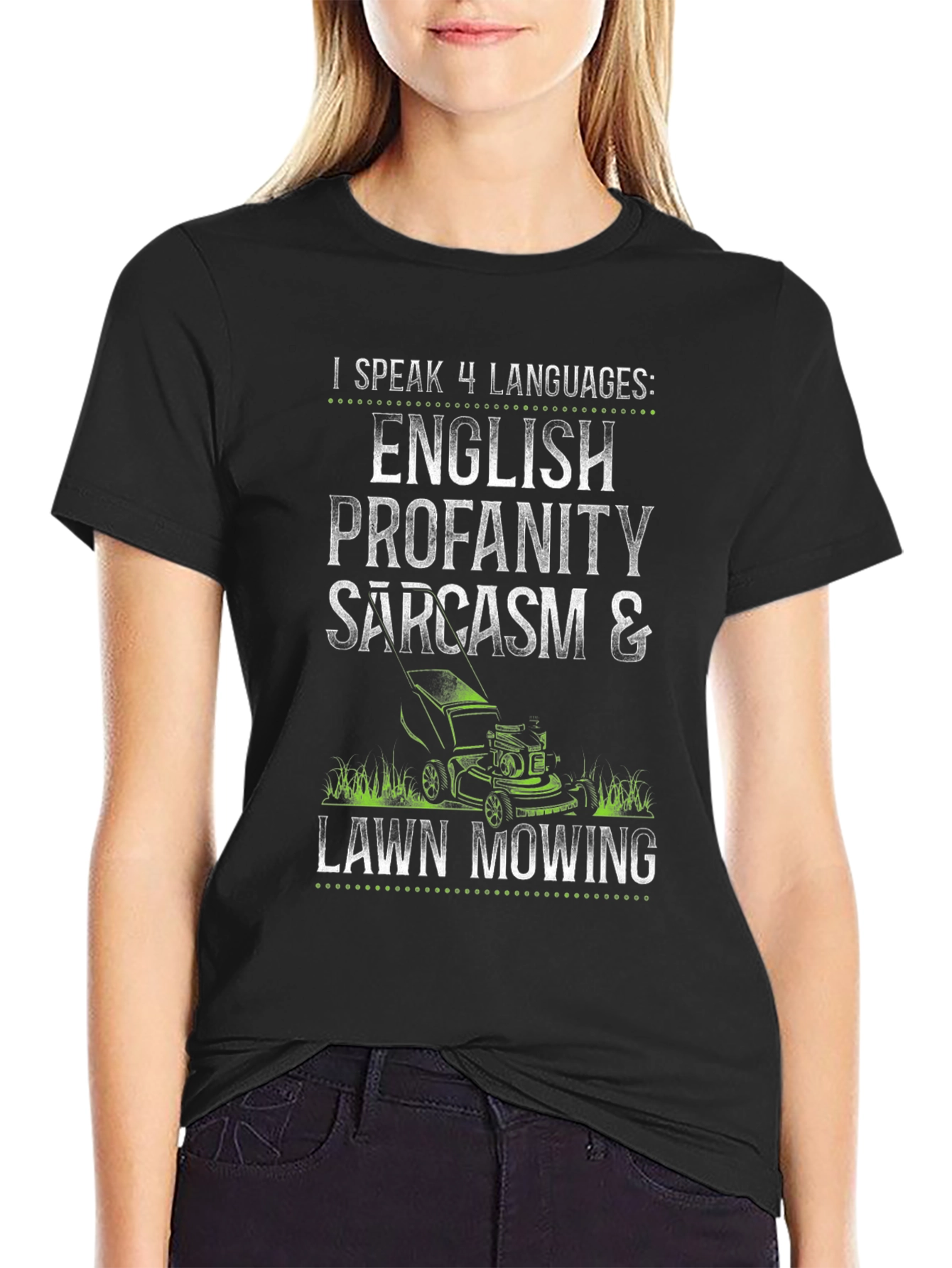 Black Funny Languages Lawn Mowing T-Shirt view 2