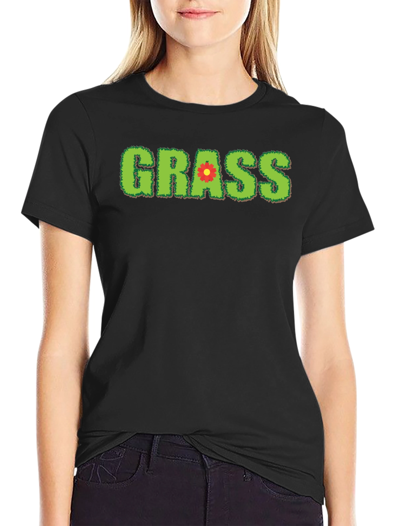 Black Novelty Grass Graphic T-Shirt - Black Cotton Blend view 2