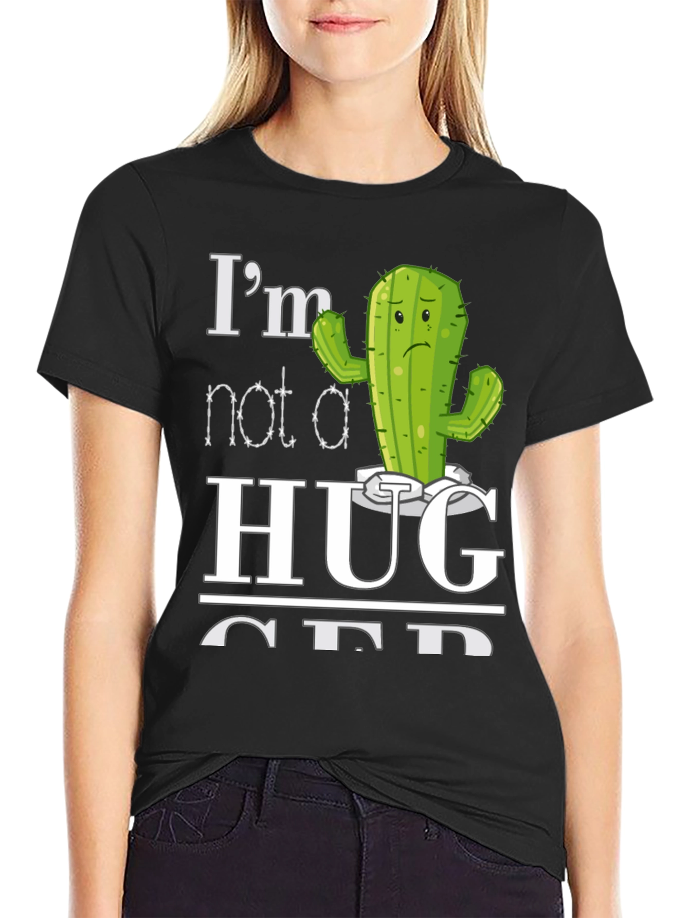Black I'm Not a Hugger Cactus T-Shirt view 2