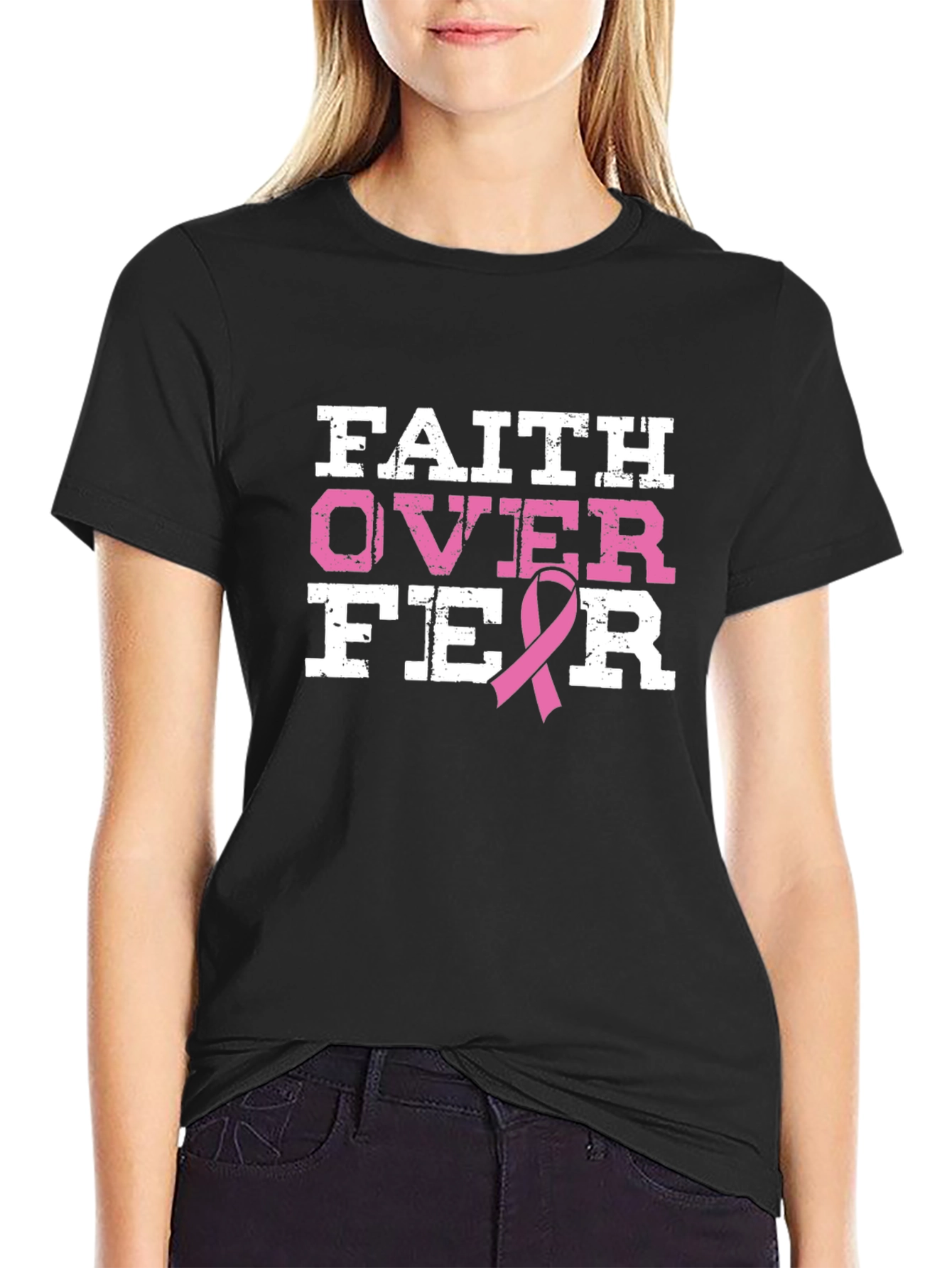 Black Faith Over Fear Breast Cancer Awareness T-Shirt view 2
