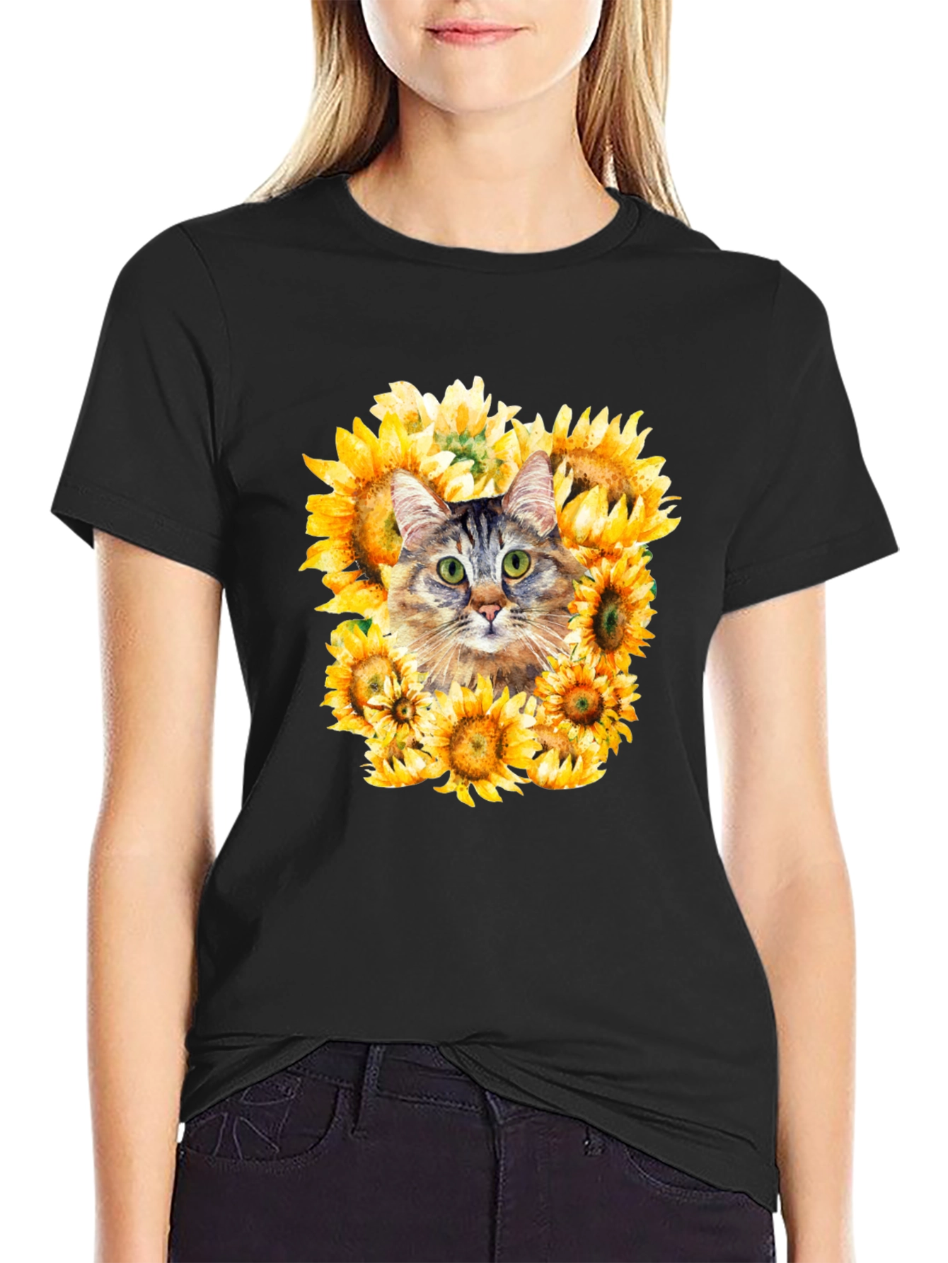 Black Cat Sunflower Graphic Tee - Men's Black T-Shirt view 2