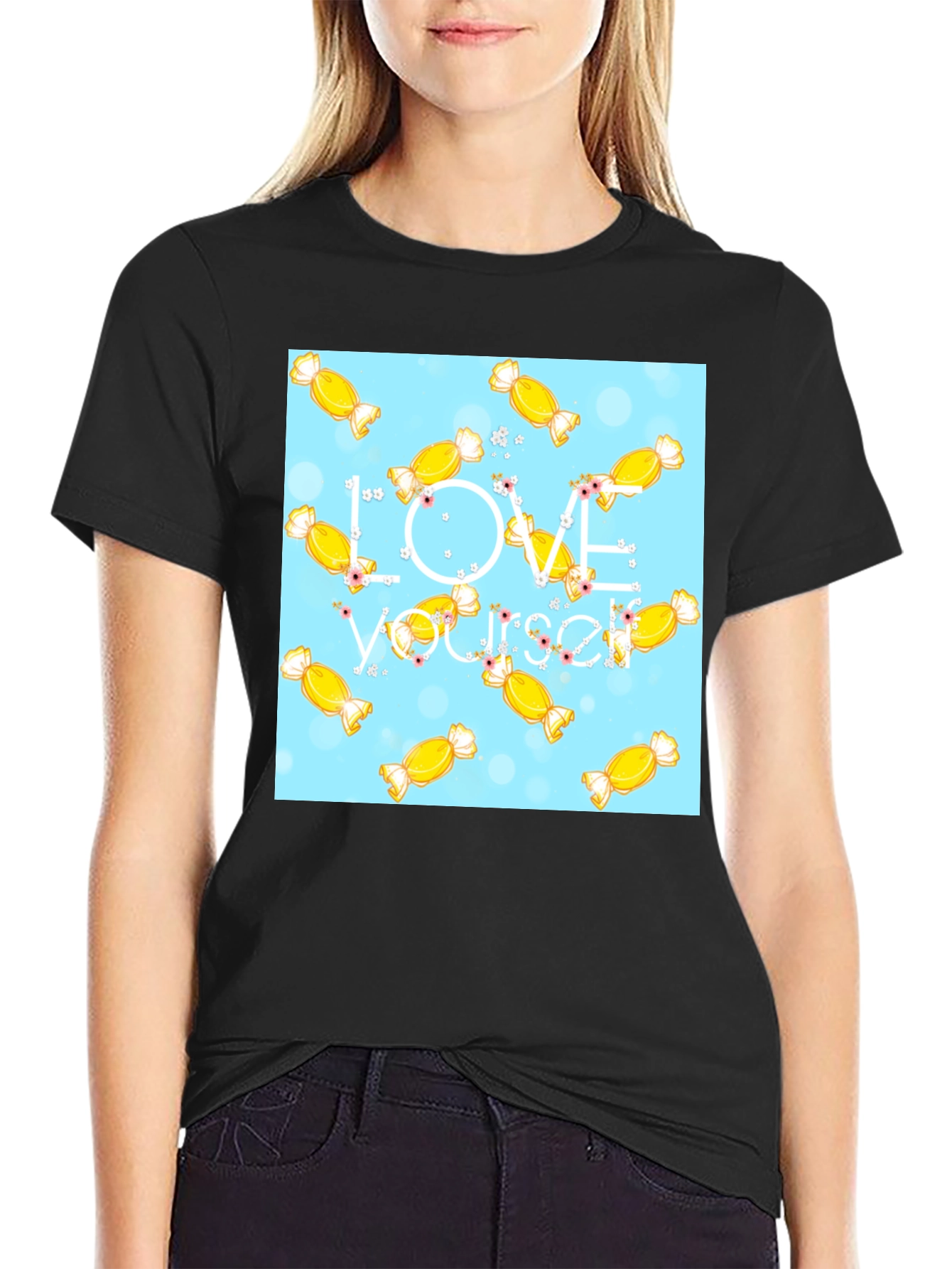 Black Love Yourself Candy Pattern Black T-Shirt view 2