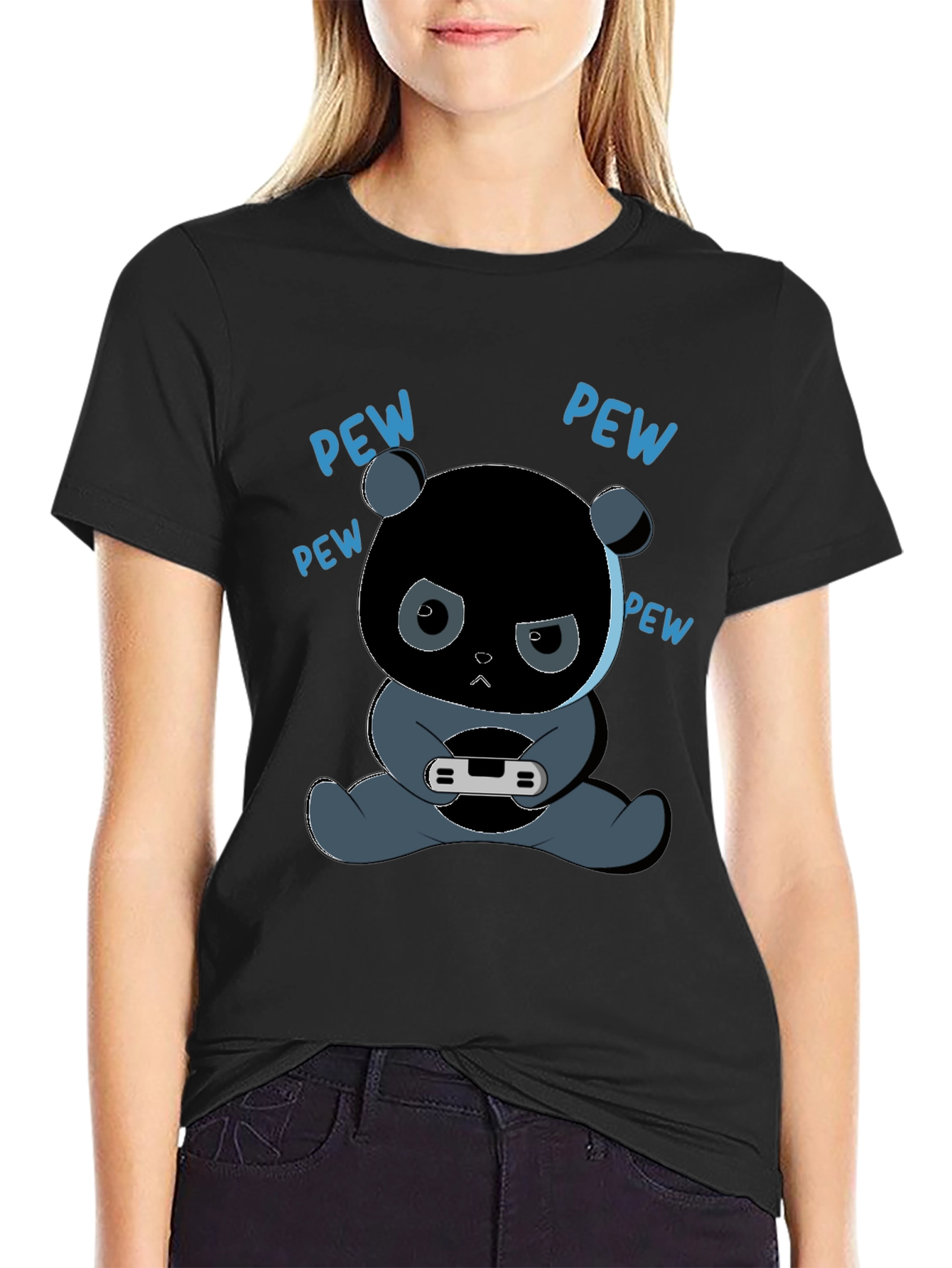 Black Gamer Panda T-Shirt - Pew Pew view 2
