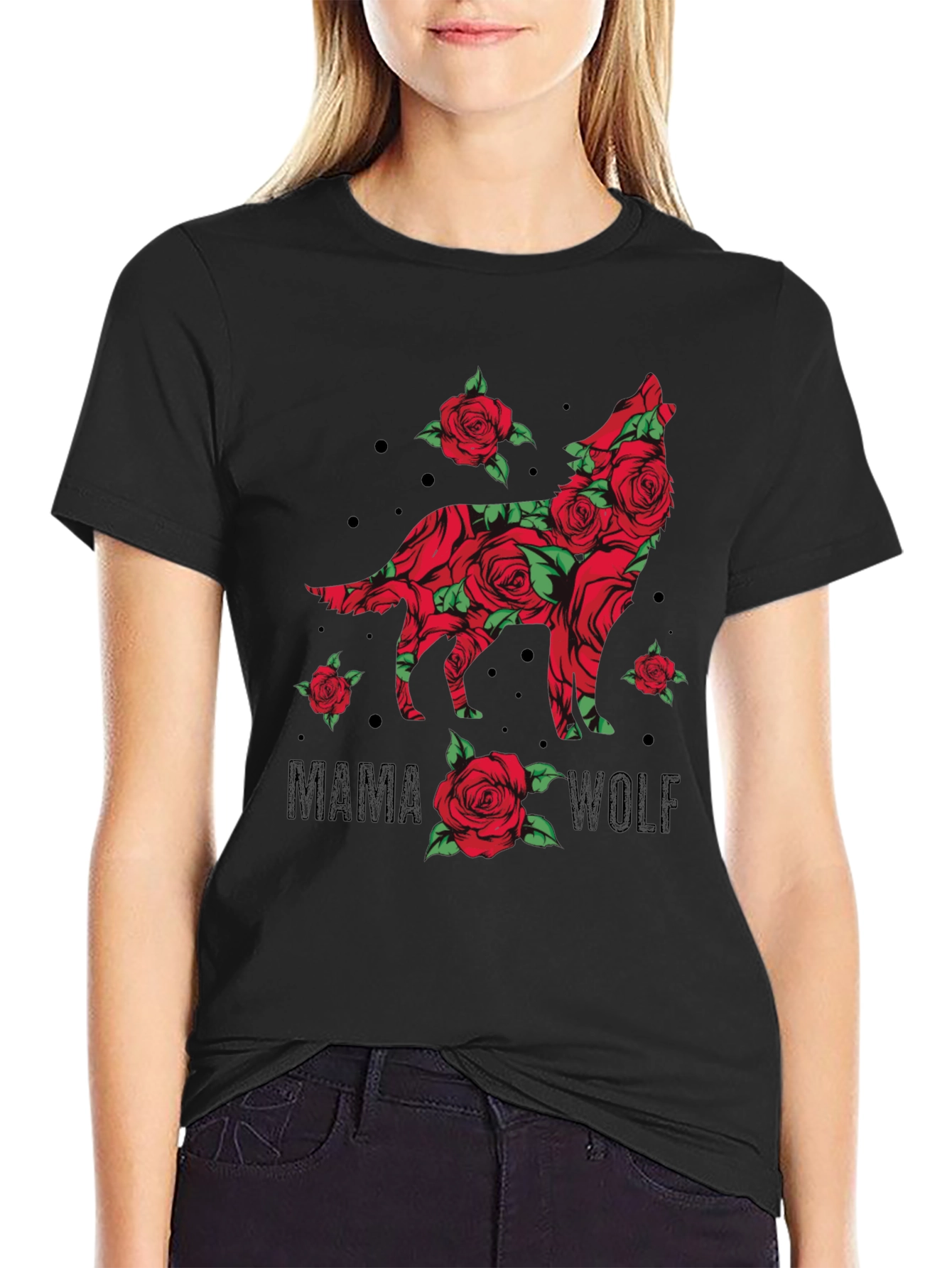 Black Mama Wolf Rose Graphic T-Shirt view 2
