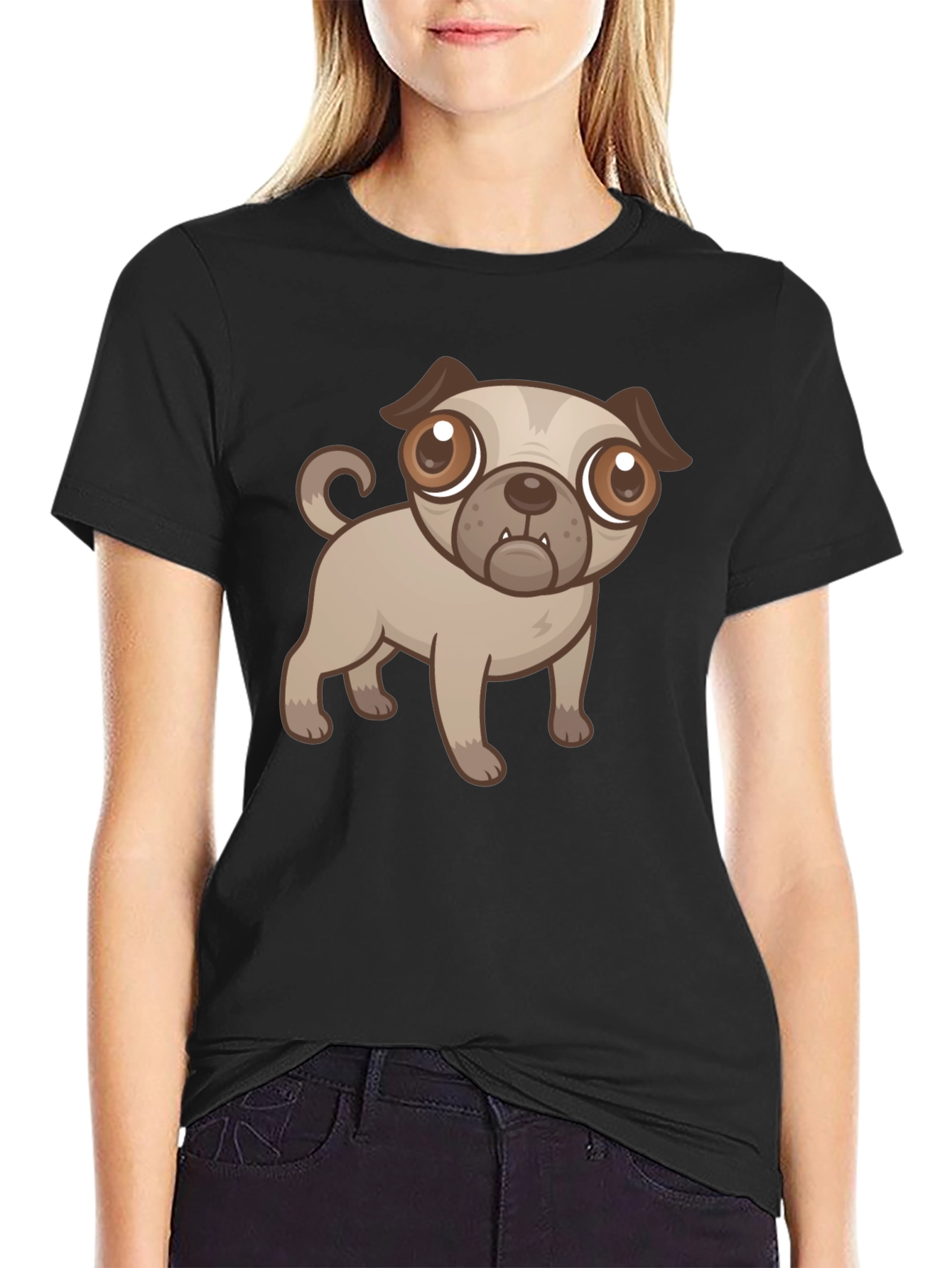 Black Cute Cartoon Pug Dog Black T-Shirt view 2