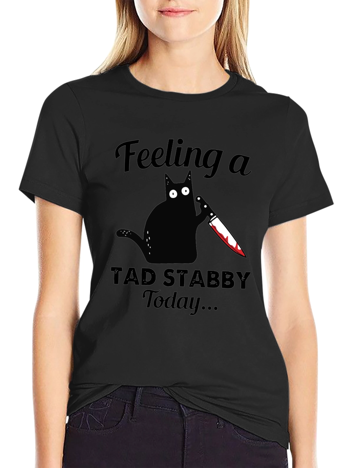 Black Feeling Stabby Cat Graphic Tee - Black Cotton T-Shirt view 2