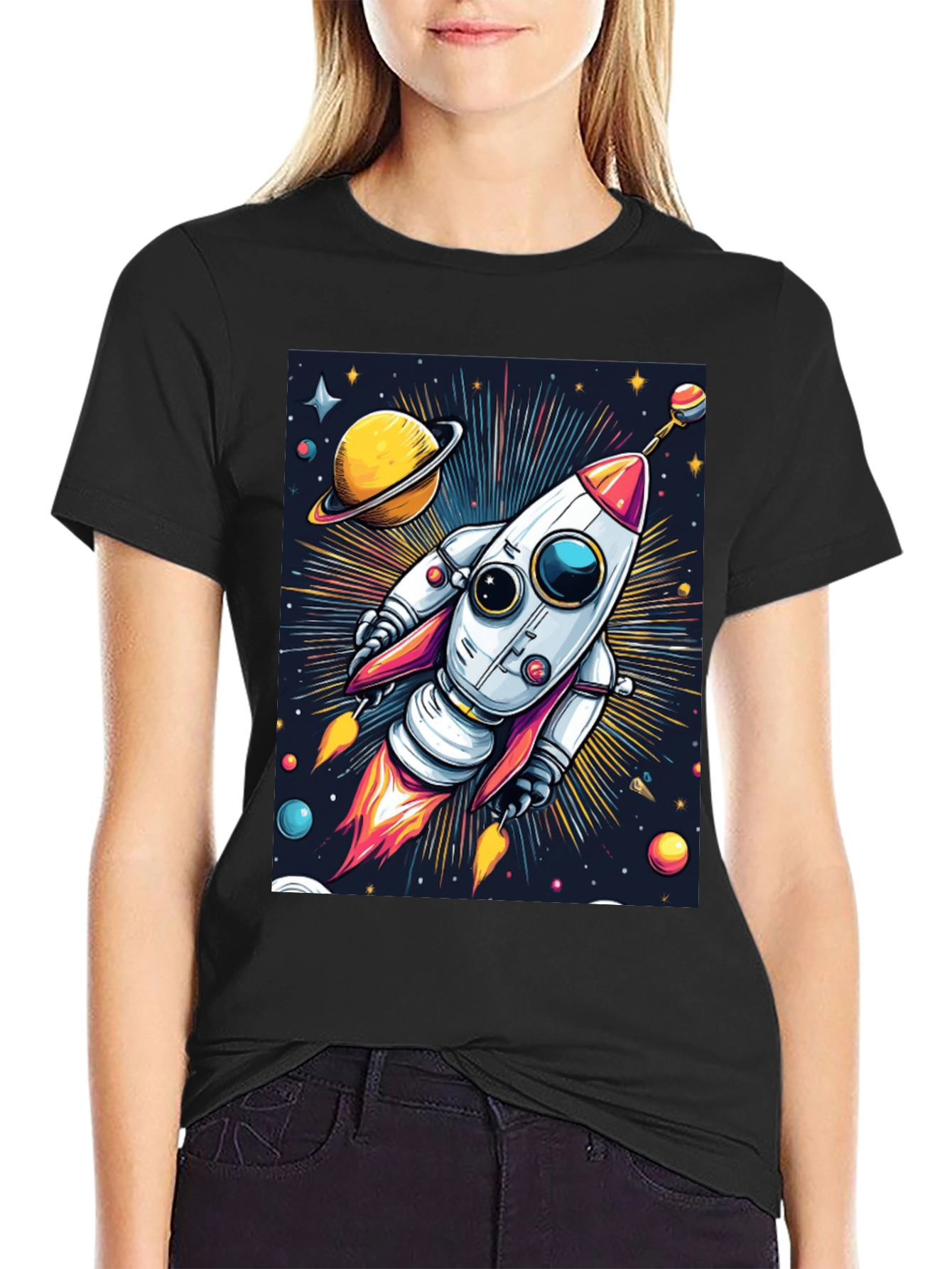 Black Space Rocket T-Shirt - Cosmic Graphic Tee view 2