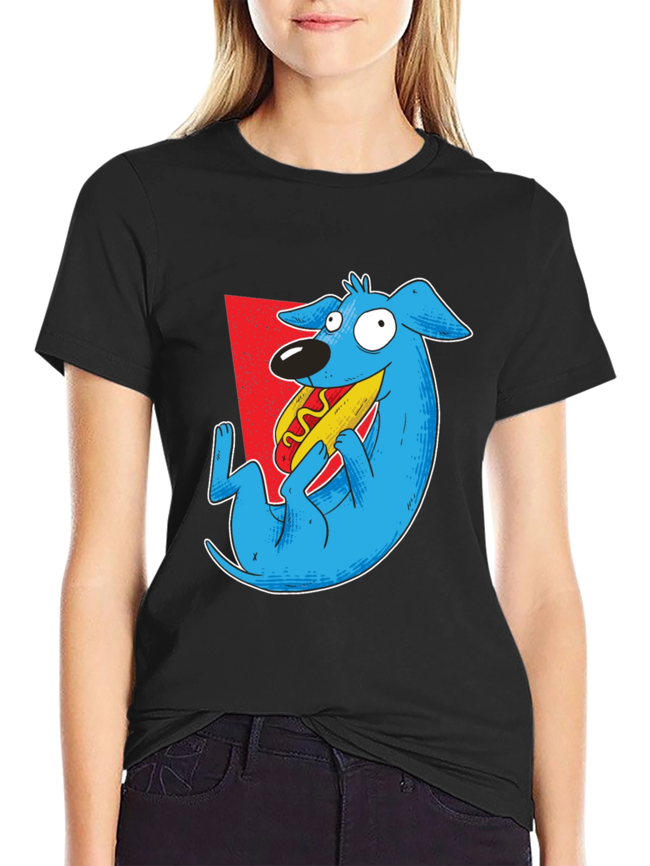 Black Cartoon Dog Eating Hotdog Graphic Tee - Black view 2