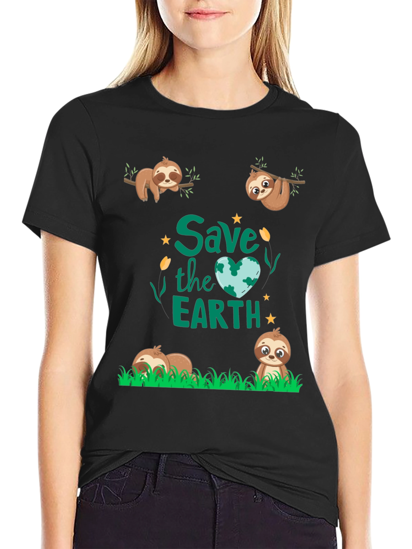 Black Save the Earth Sloth Graphic Tee view 2
