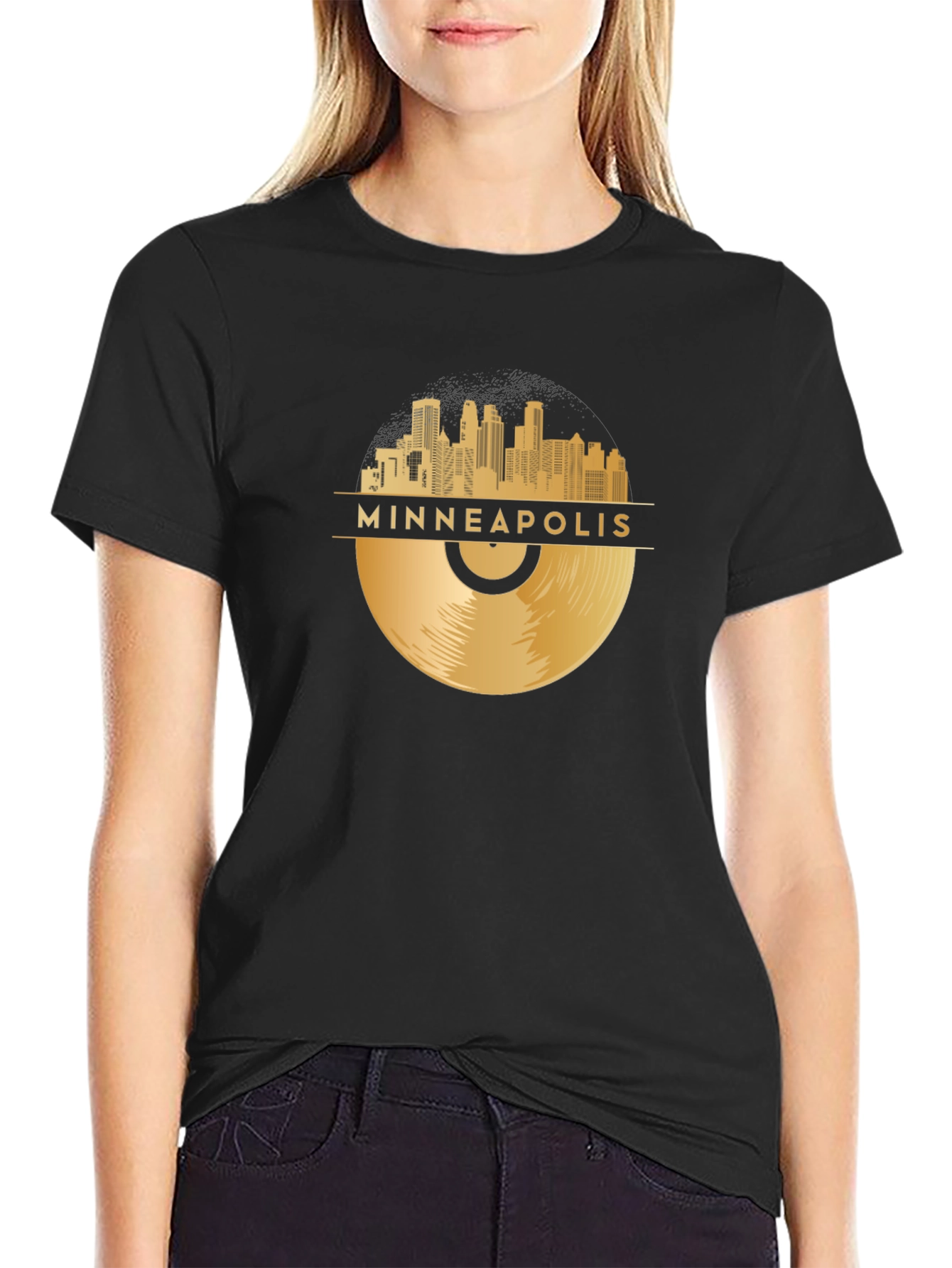 Black Minneapolis Gold Record Skyline Black T-Shirt view 2