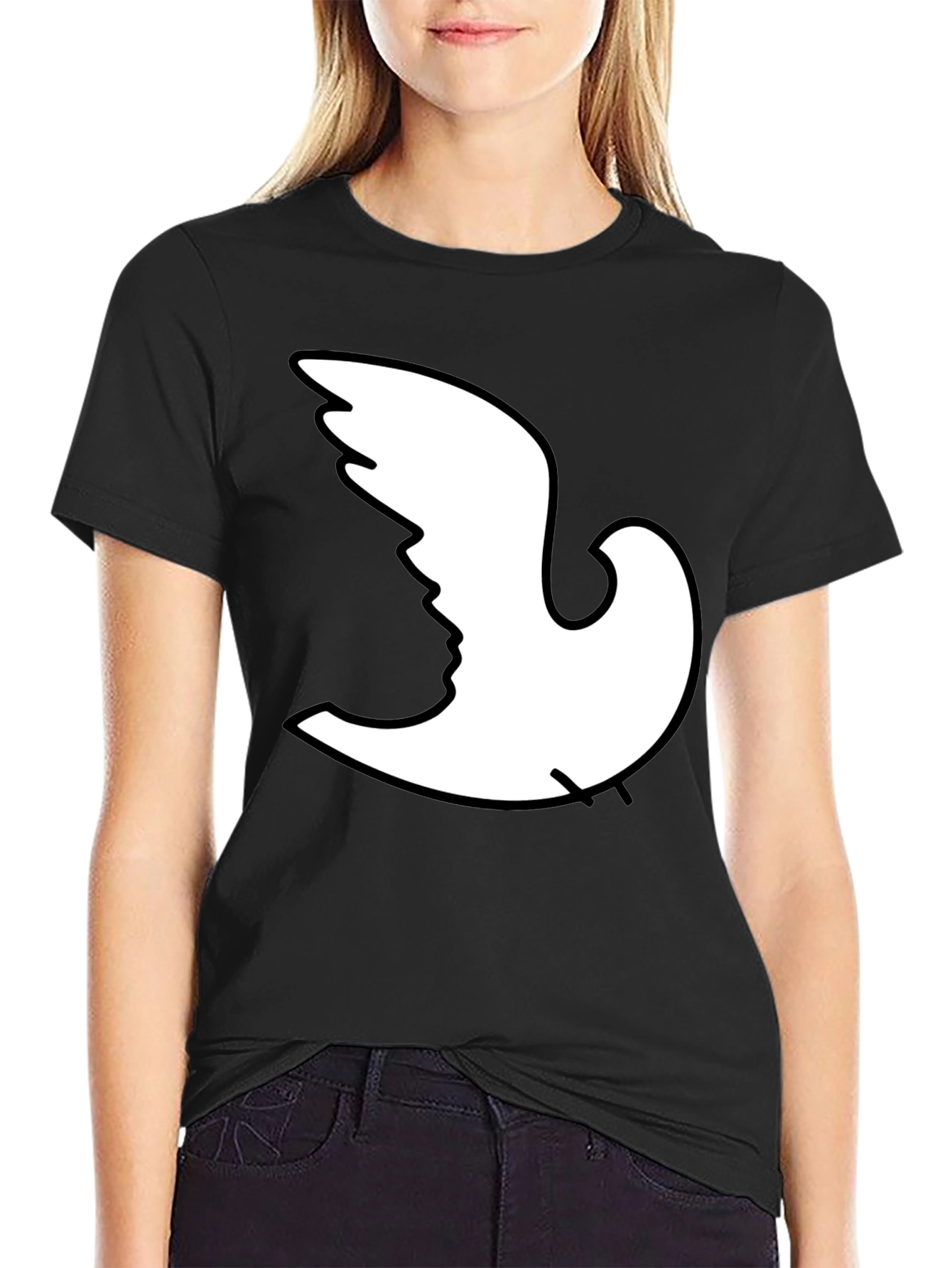 Black Optical Illusion Dove Face Graphic T-Shirt view 2