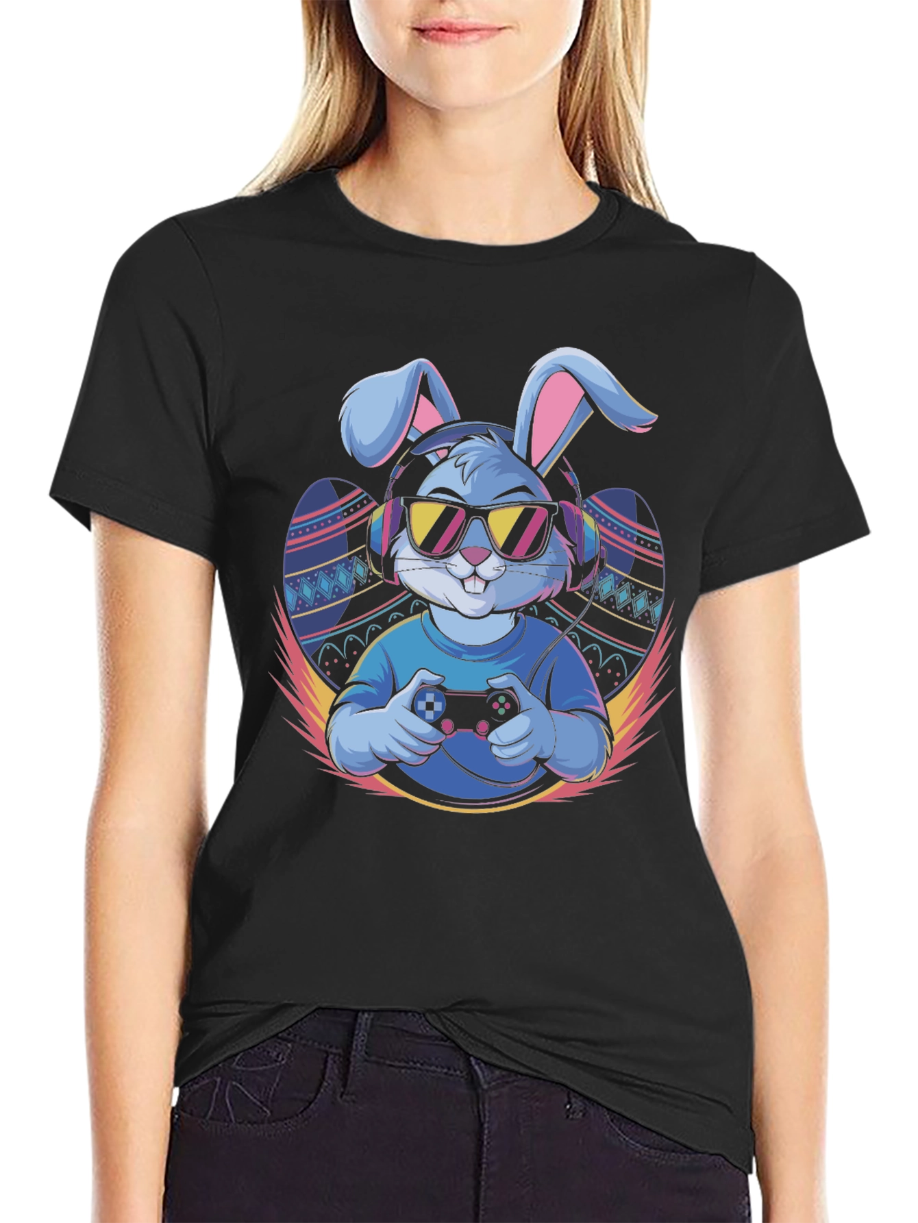 Black Cool Gamer Bunny T-Shirt view 2