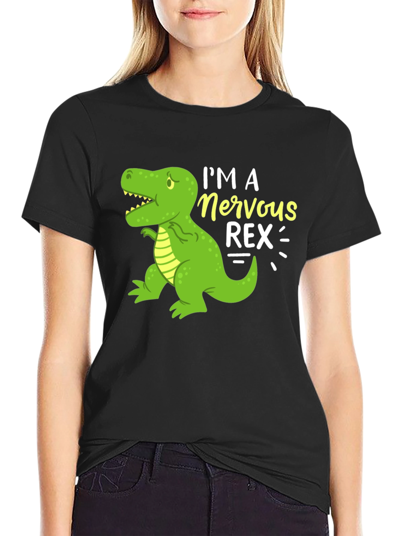 Black Nervous Rex T-Shirt - Funny Dinosaur Graphic Tee view 2