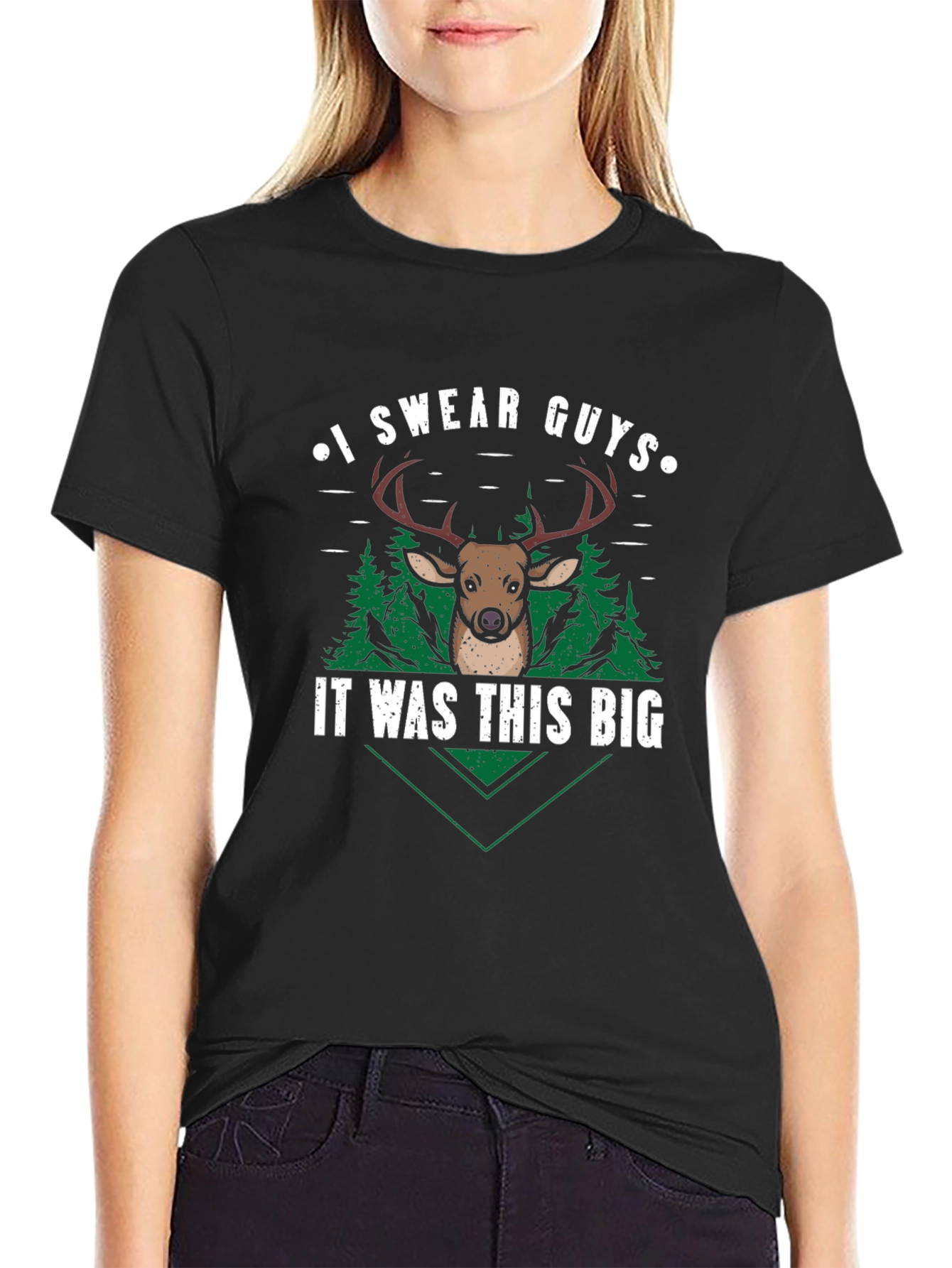 Black Funny Hunting T-Shirt - I Swear Guys It Was This Big Deer Tee view 2
