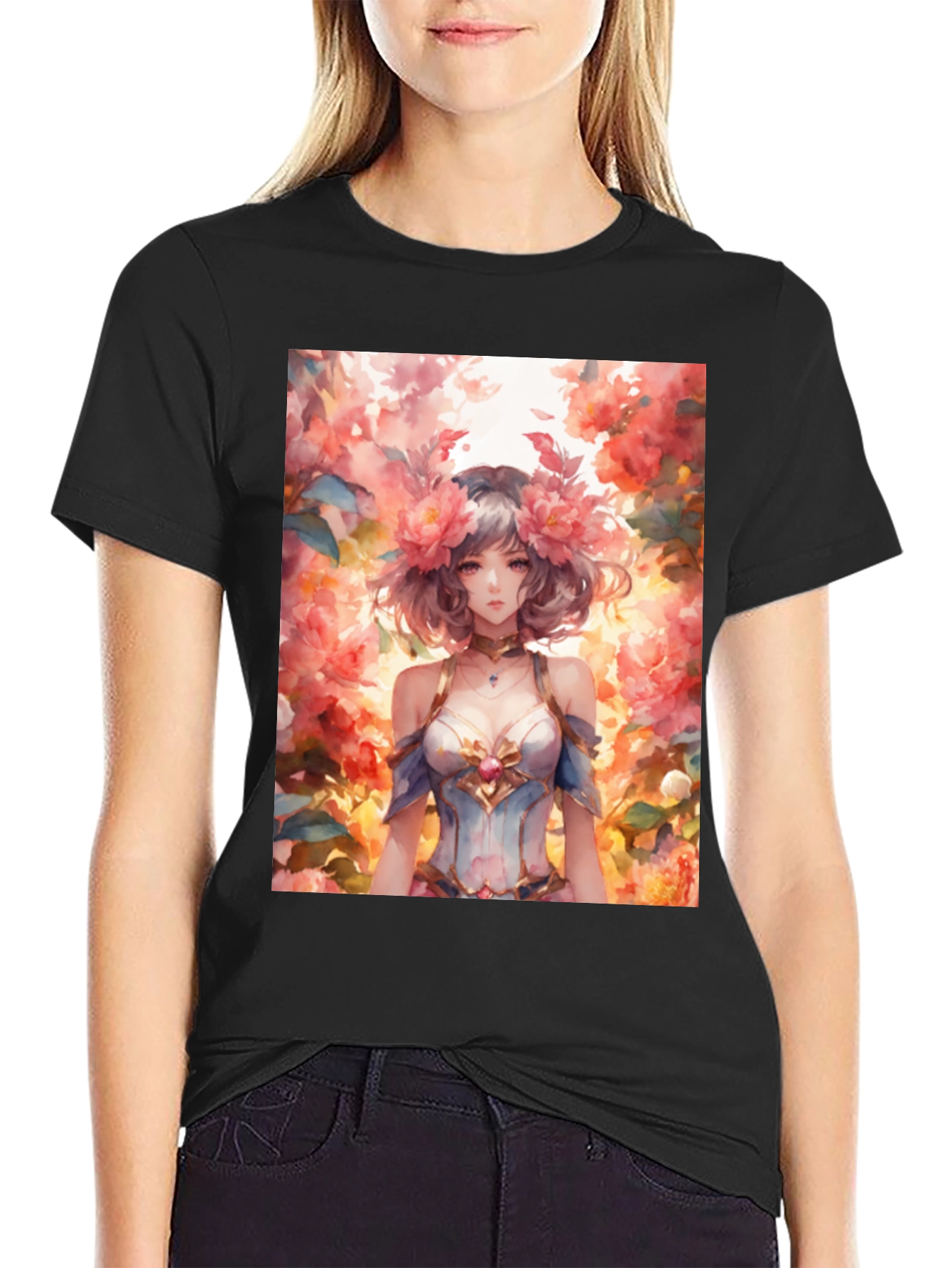 Black Floral Anime Girl Graphic Tee - Stylish & Unique view 2
