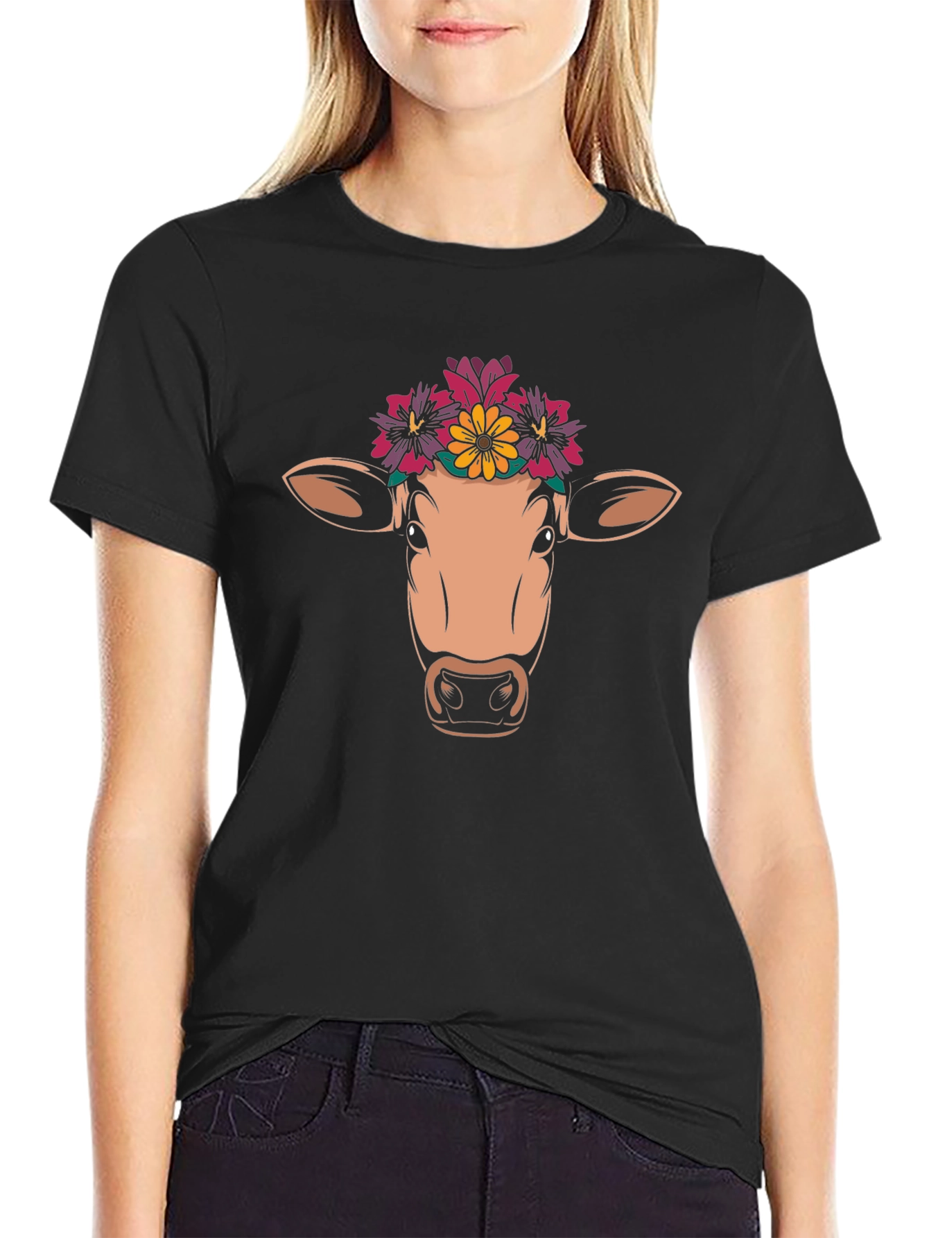 Black Floral Cow Graphic Tee - Unisex Black T-Shirt view 2