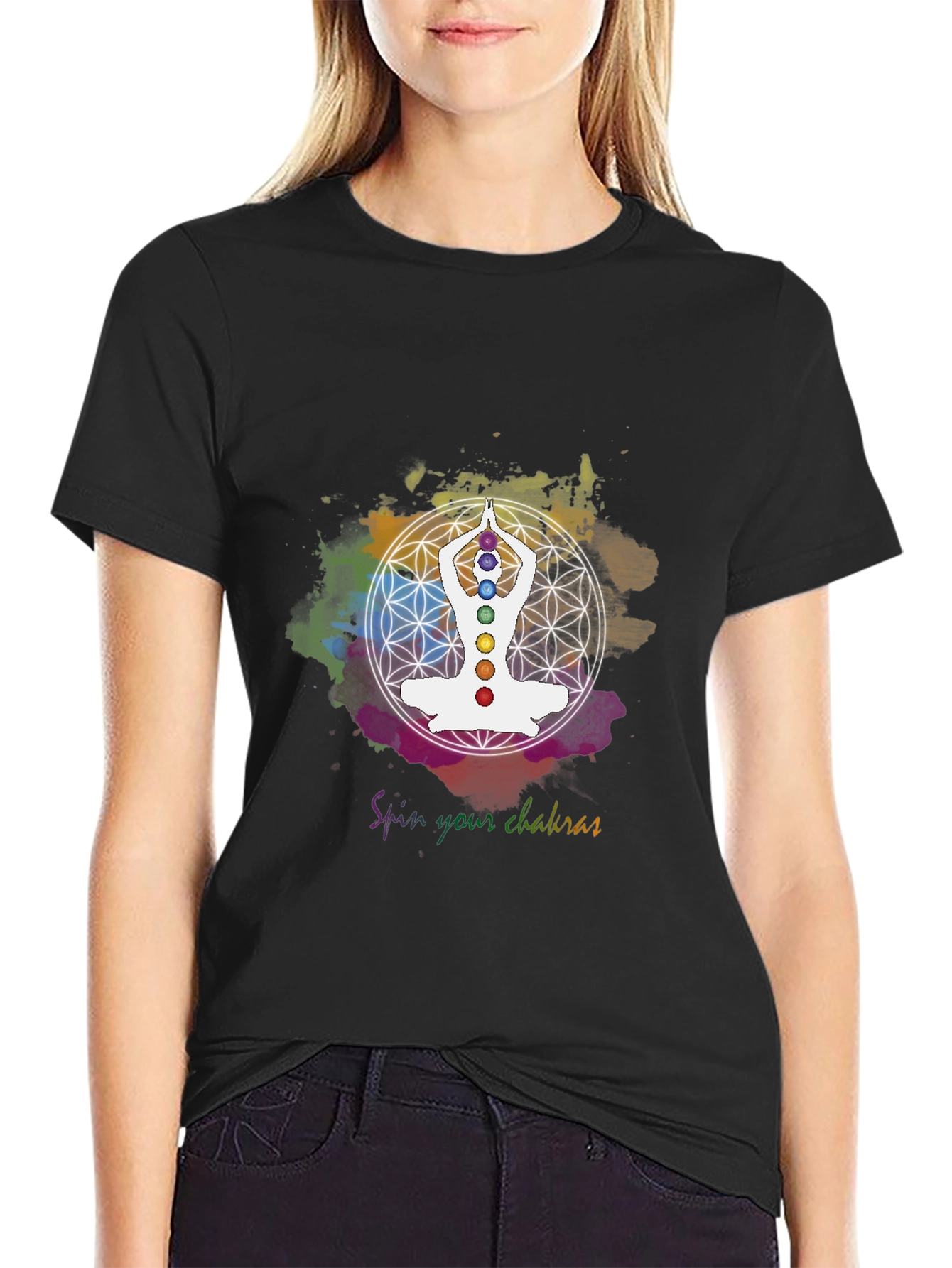 Black Chakra Meditation T-Shirt - Spiritual Yoga Design view 2