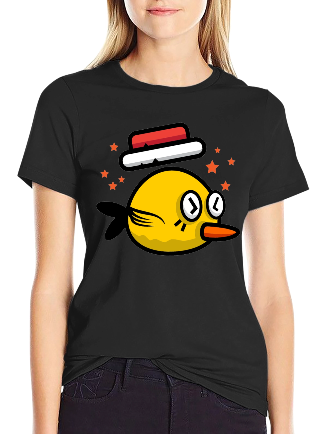 Black Cartoon Bird Graphic Tee - Black Cotton Casual T-Shirt view 2