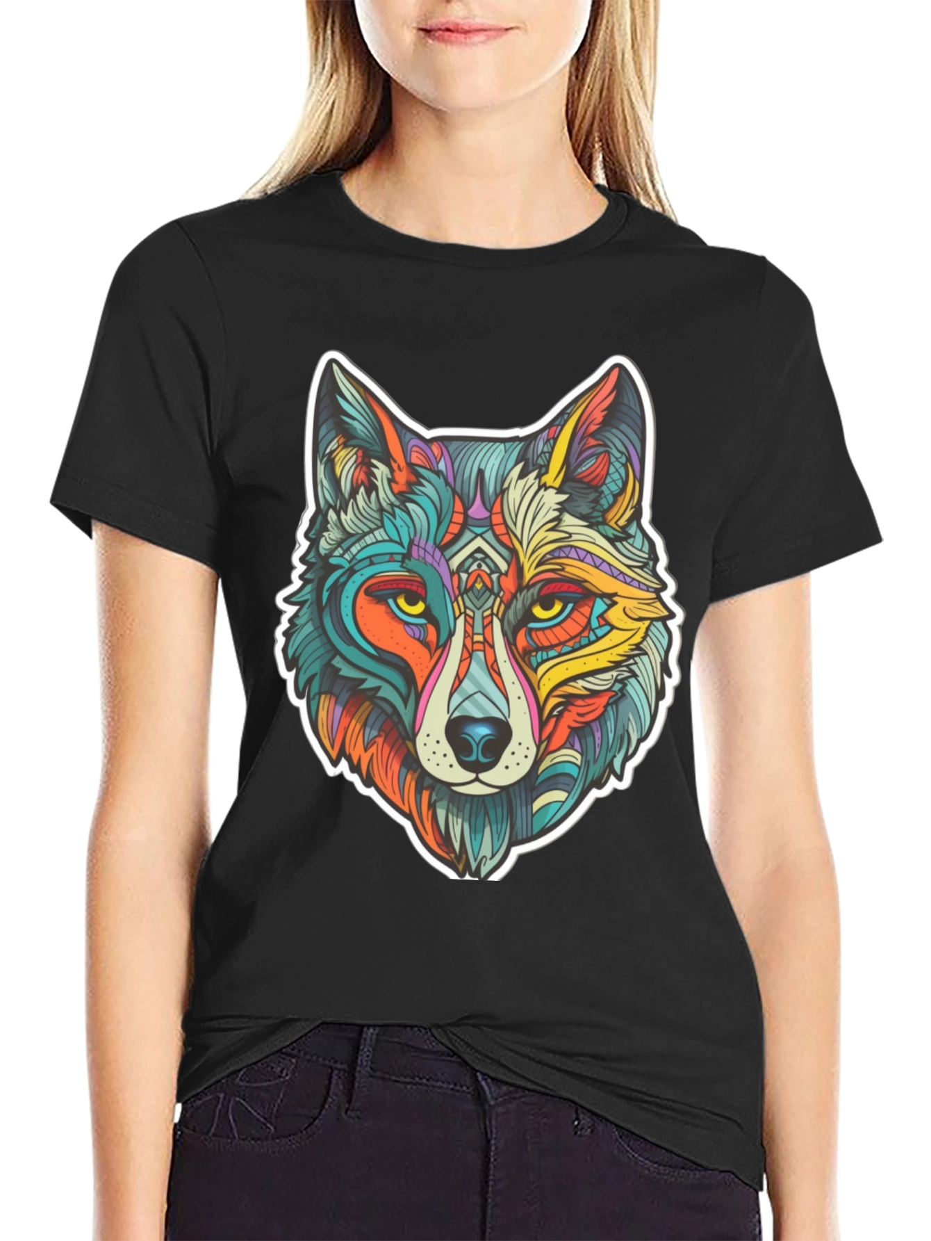 Black Wolf Art Graphic Print Black T-Shirt view 2