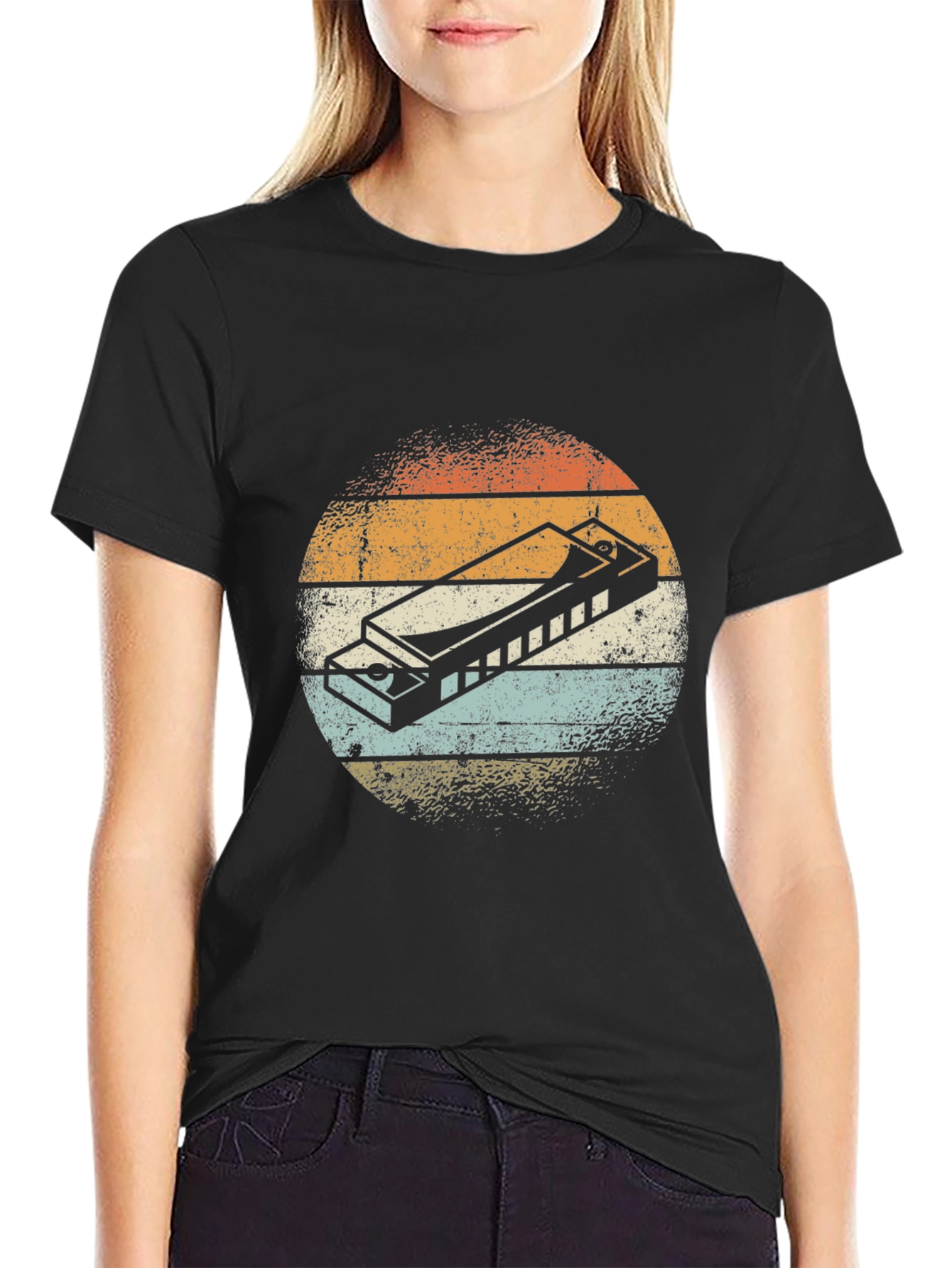 Black Vintage Harmonica Graphic Tee - Retro Music Lover Shirt view 2
