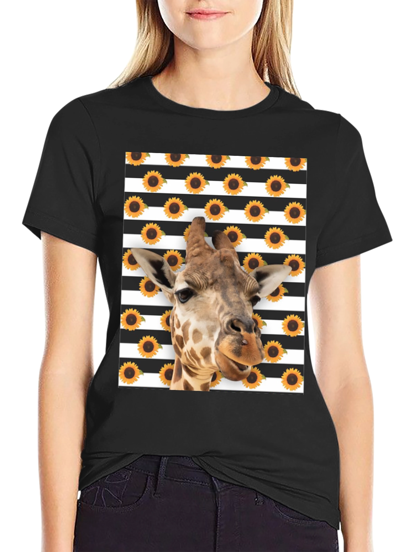 Black Giraffe Sunflower Striped Graphic Tee view 2