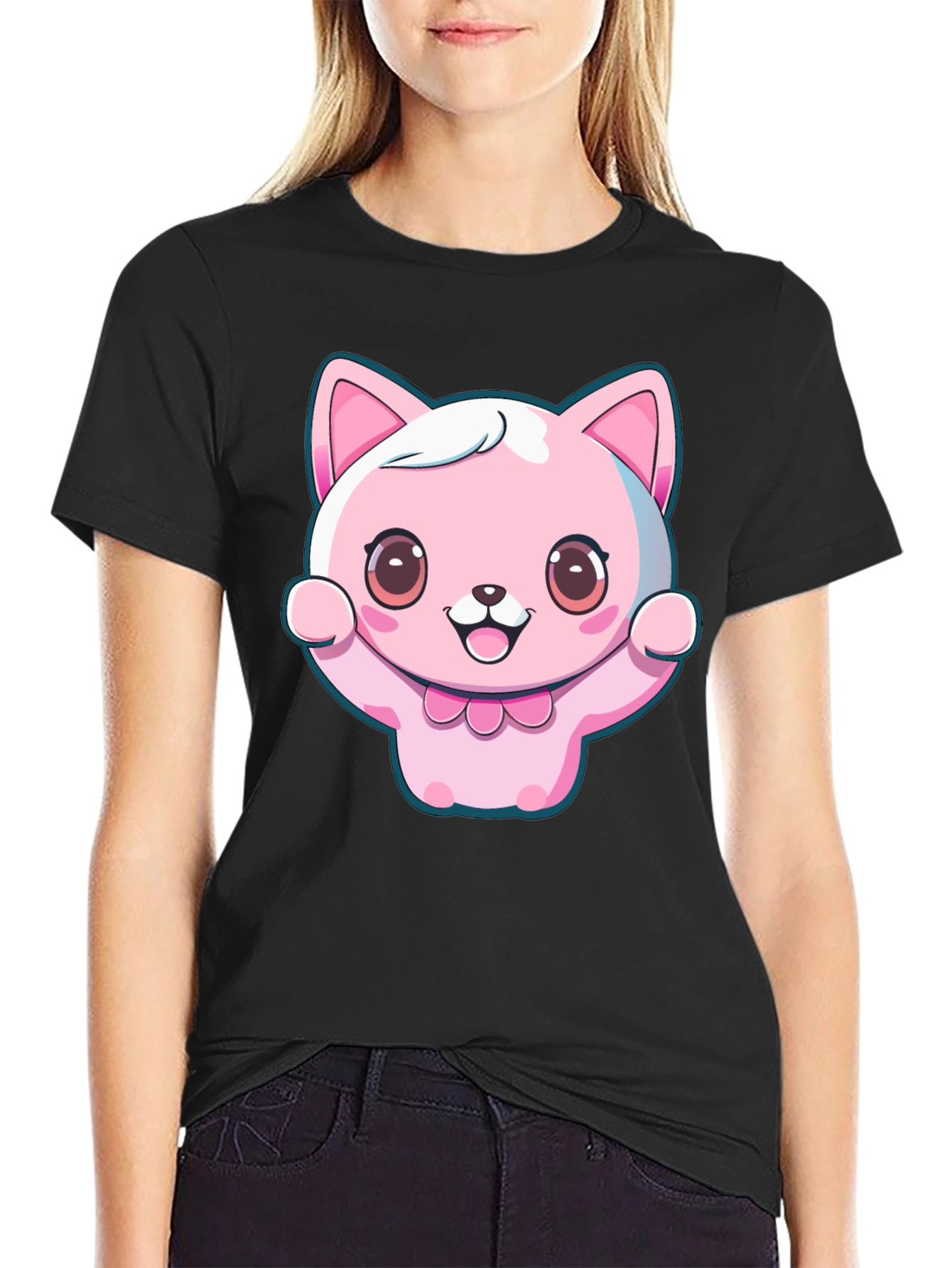 Black Kawaii Cat Graphic Tee - Cute Cartoon Style view 2