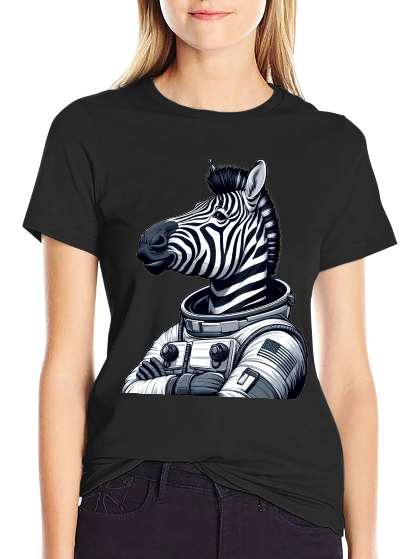 Black Zebra Astronaut Black T-Shirt view 2