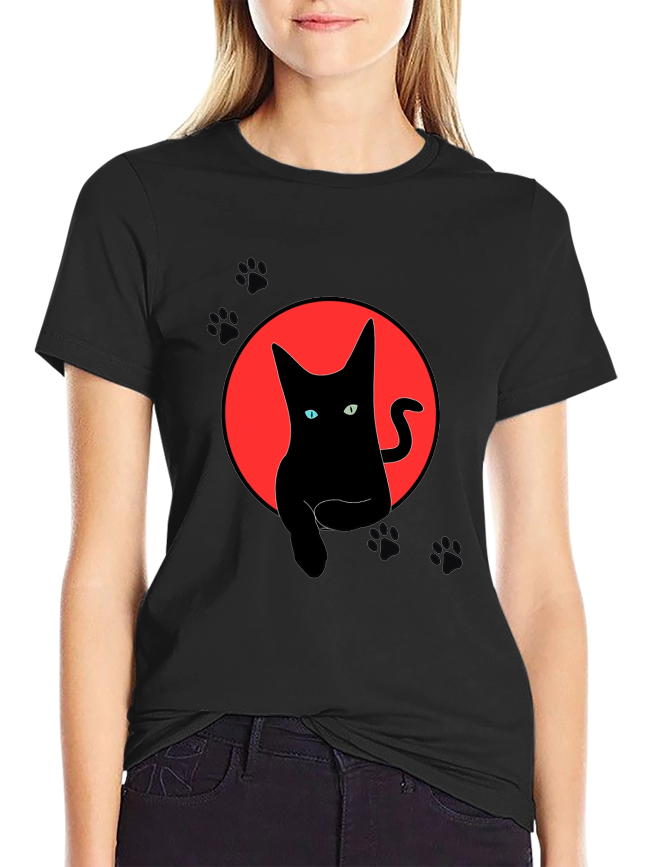 Black Black Cat Graphic Tee - Round Red Moon Design view 2