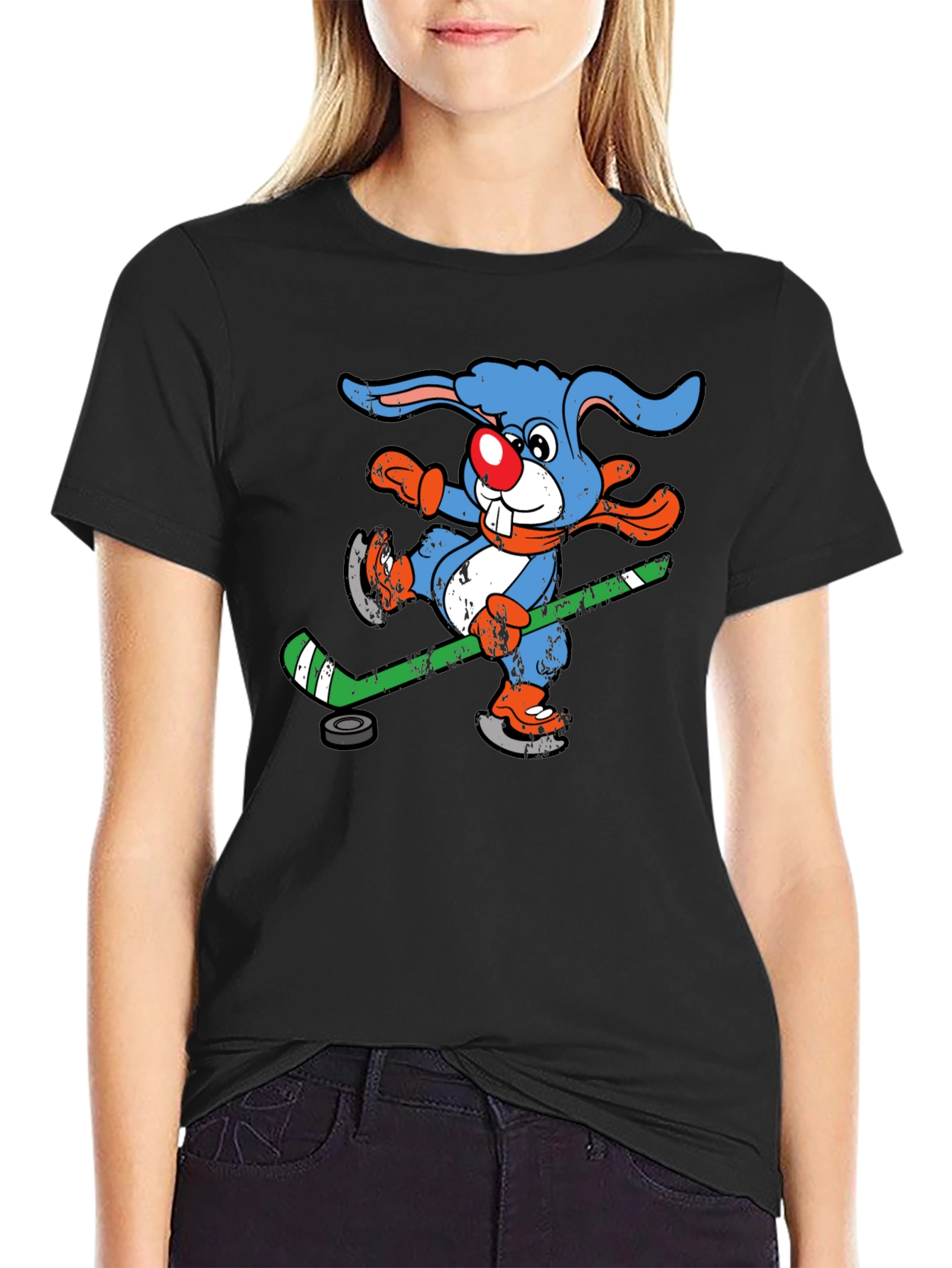 Black Funny Hockey Bunny T-Shirt view 2